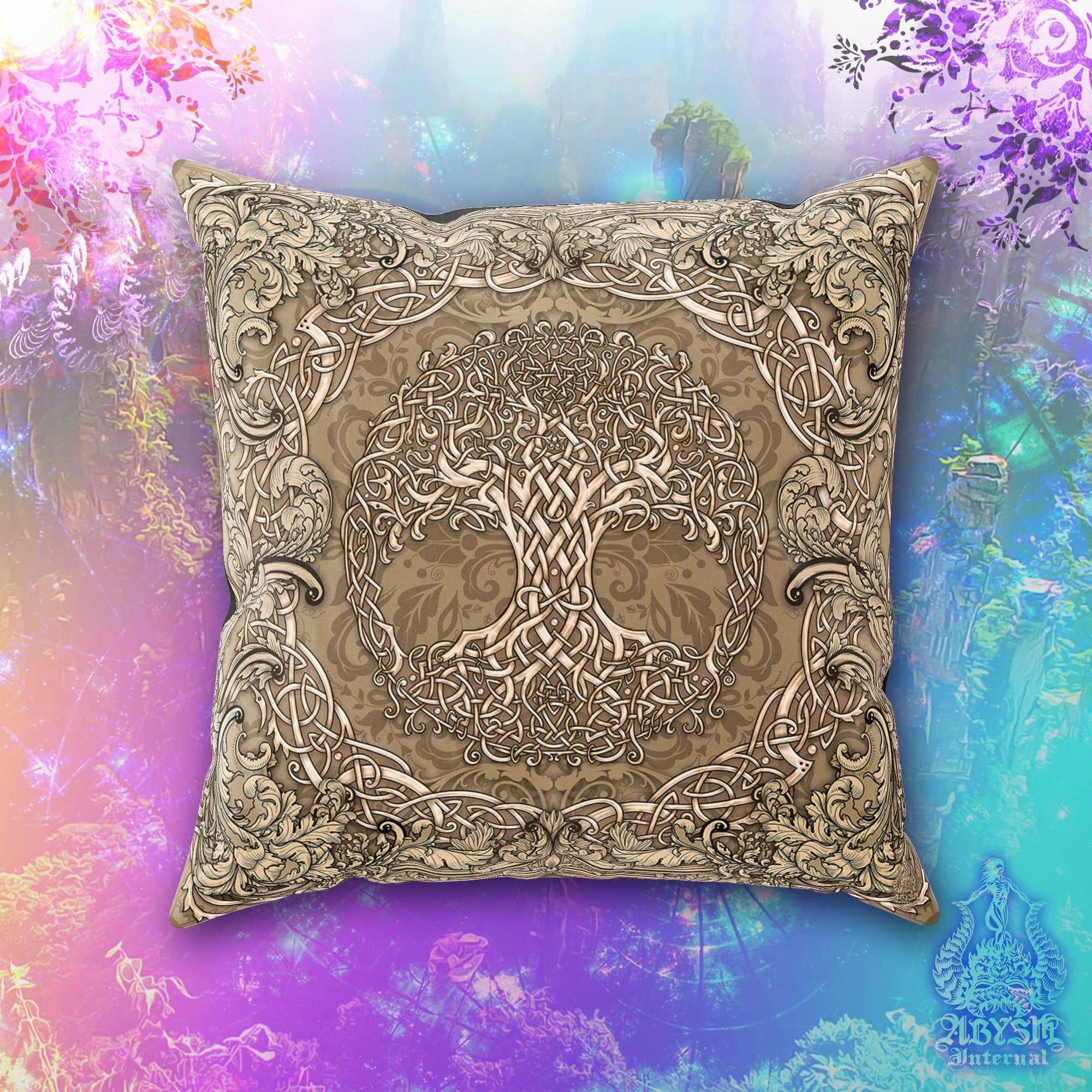 Tree of Life Throw Pillow, Decorative Accent Cushion, Wicca, Pagan Decor, Witchy Art, Celtic Knot, Funky and Eclectic Home - Cream - Abysm Internal