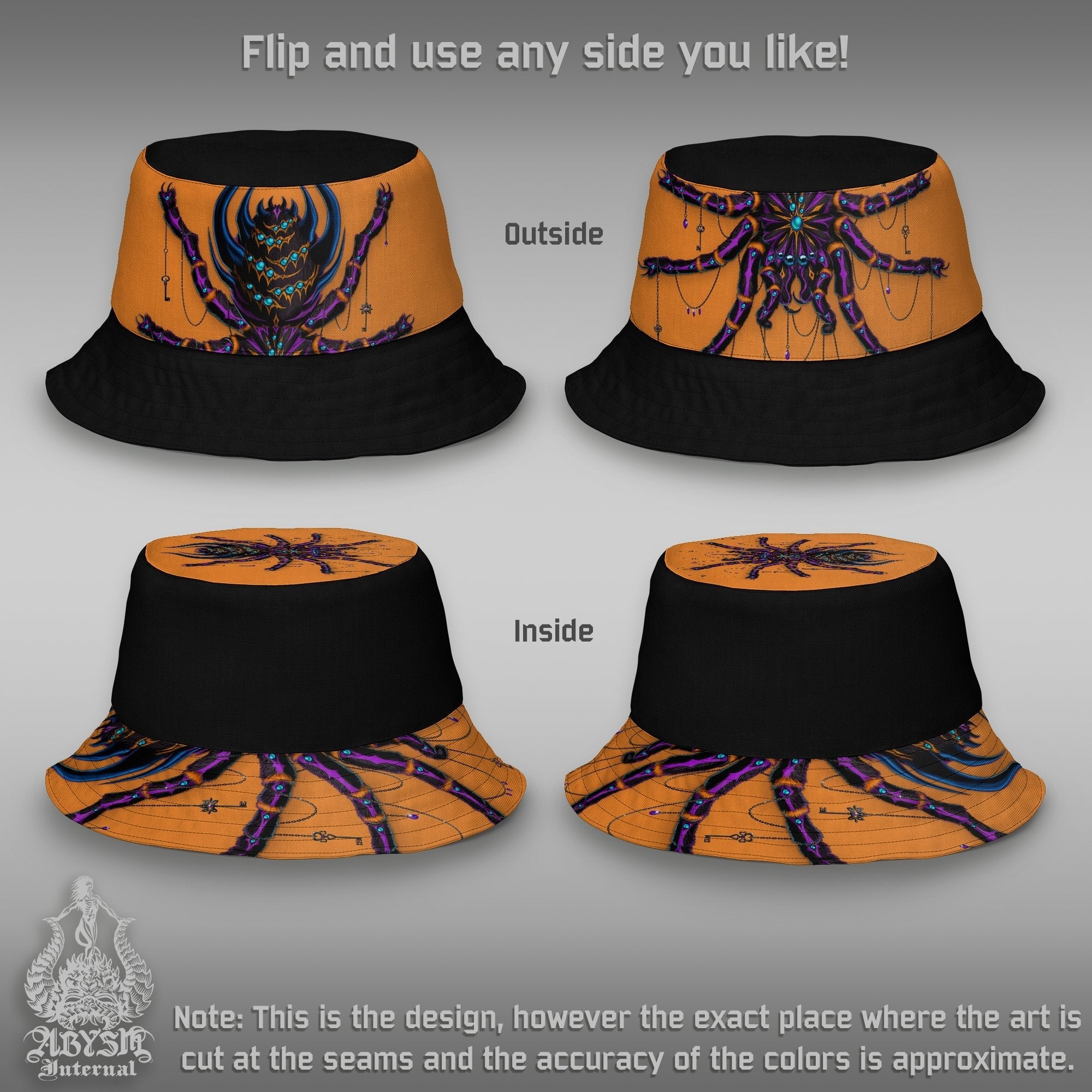 Trippy Bucket Hat, Indie Streetwear, Unique Summer Hat, Indie Beach Accessory with Linen feel, Reversible & Unisex - Colorful Spider - Abysm Internal