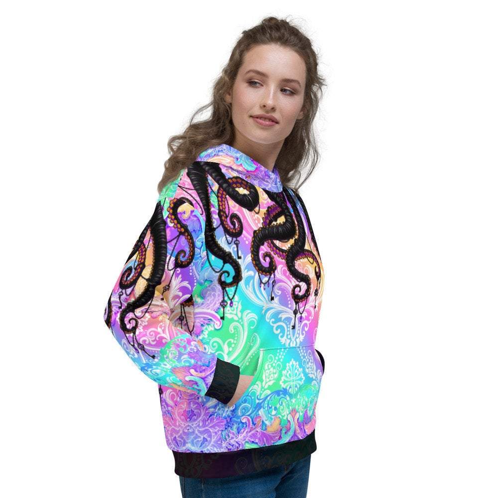 Trippy Hoodie, Psychedelic Streetwear, Rave Outfit, Aesthetic Festival Sweater, Holographic Clothing, Unisex - Pastel Punk Black Octopus - Abysm Internal