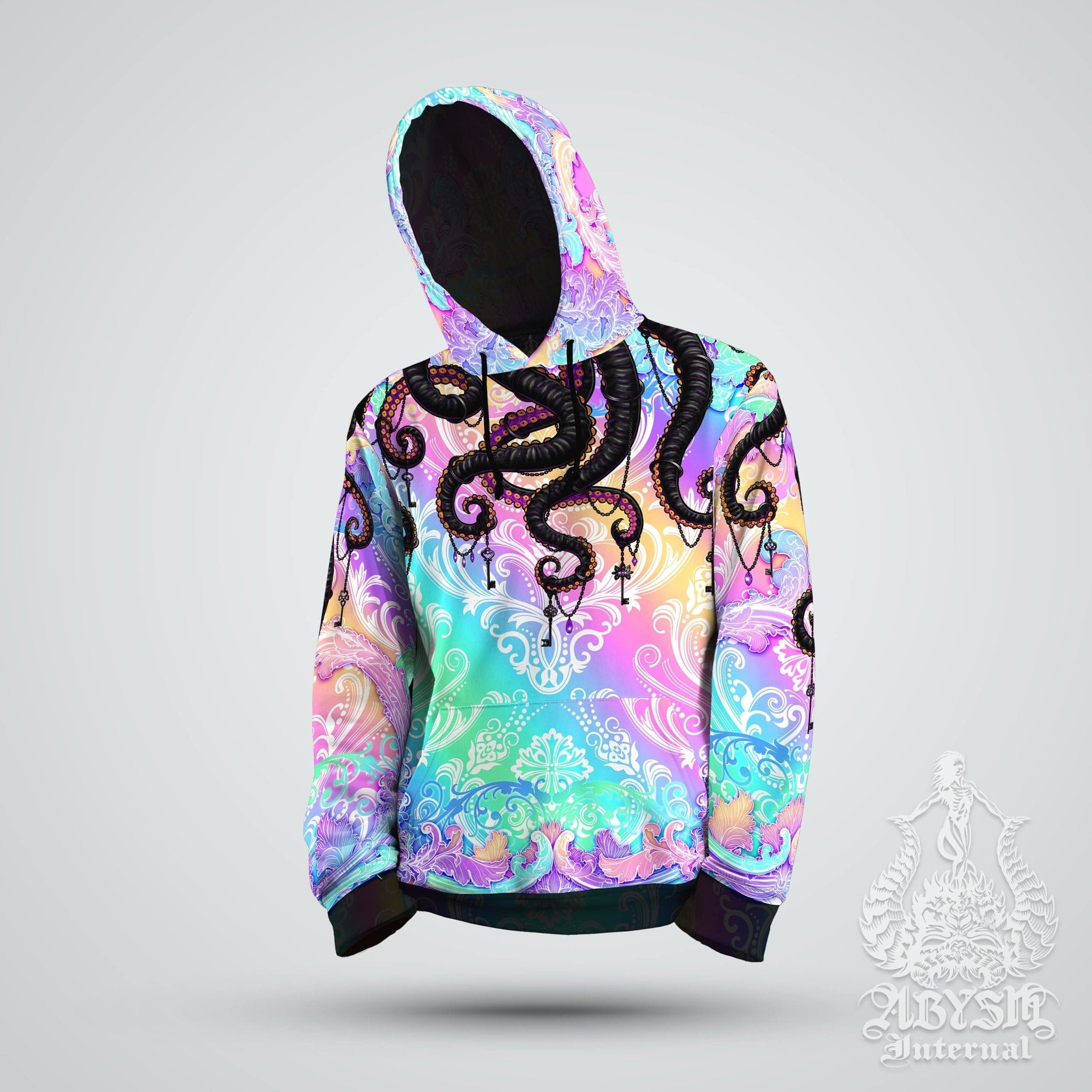 Trippy Hoodie, Psychedelic Streetwear, Rave Outfit, Aesthetic Festival Sweater, Holographic Clothing, Unisex - Pastel Punk Black Octopus - Abysm Internal