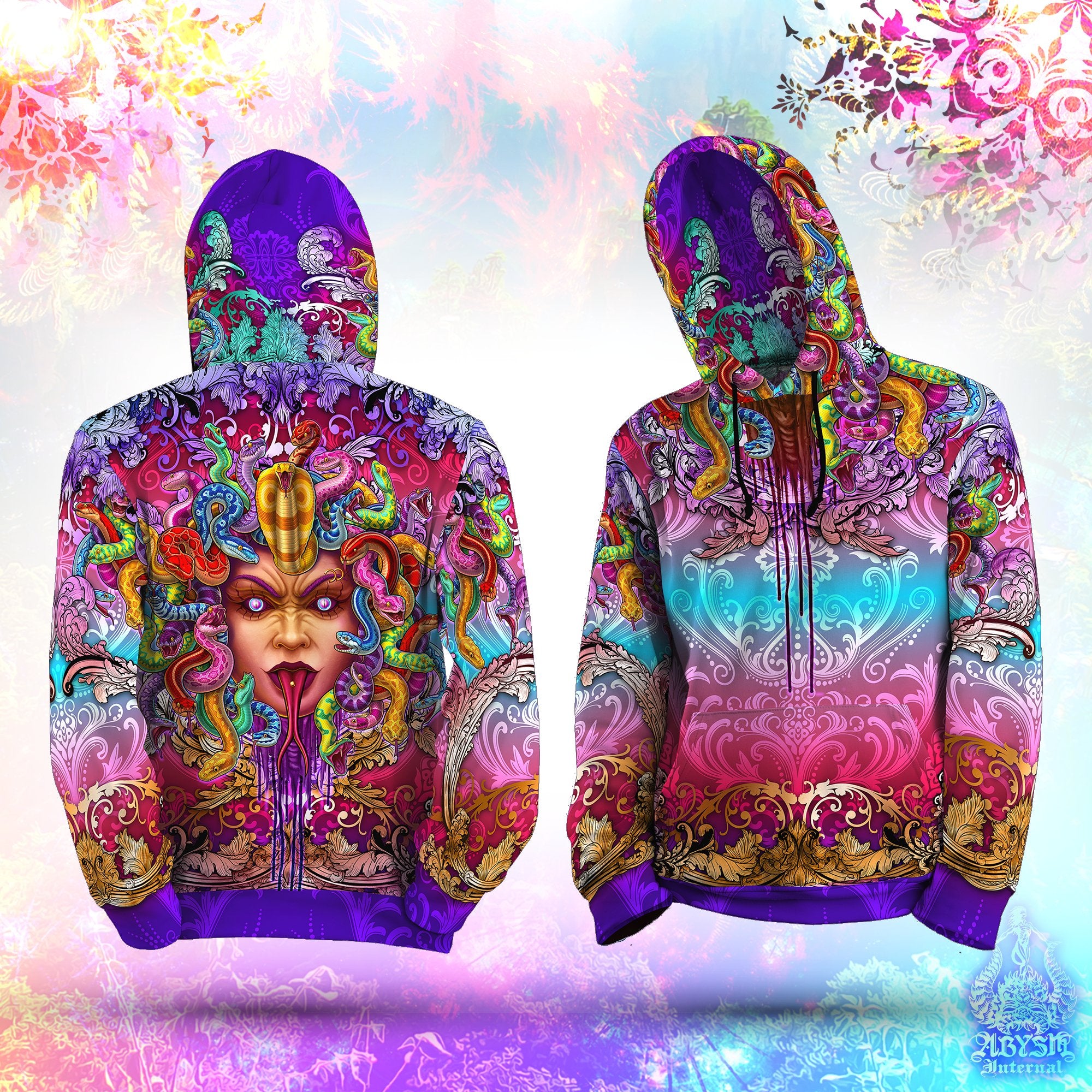Trippy Hoodie, Rave Outfit, Party Pullover, Psychedelic Streetwear, Psy Festival Sweater, Alternative Clothing, Unisex - Medusa, 2 Faces - Abysm Internal