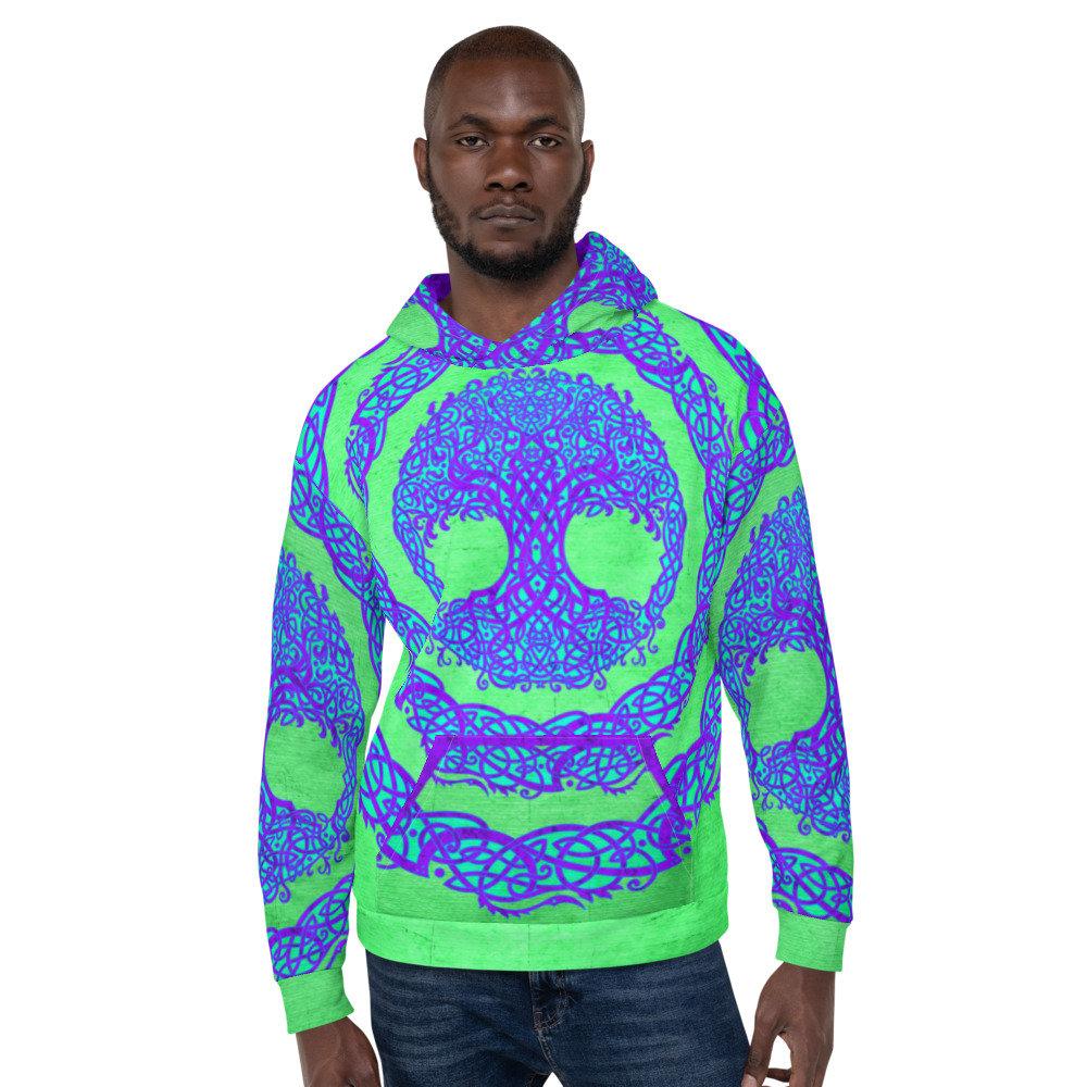 Trippy Hoodie, Rave Outfit, Psychedelic Festival Sweater, Witchy Streetwear, Alternative Clothing, Unisex - Psy, Celtic Tree of Life - Abysm Internal