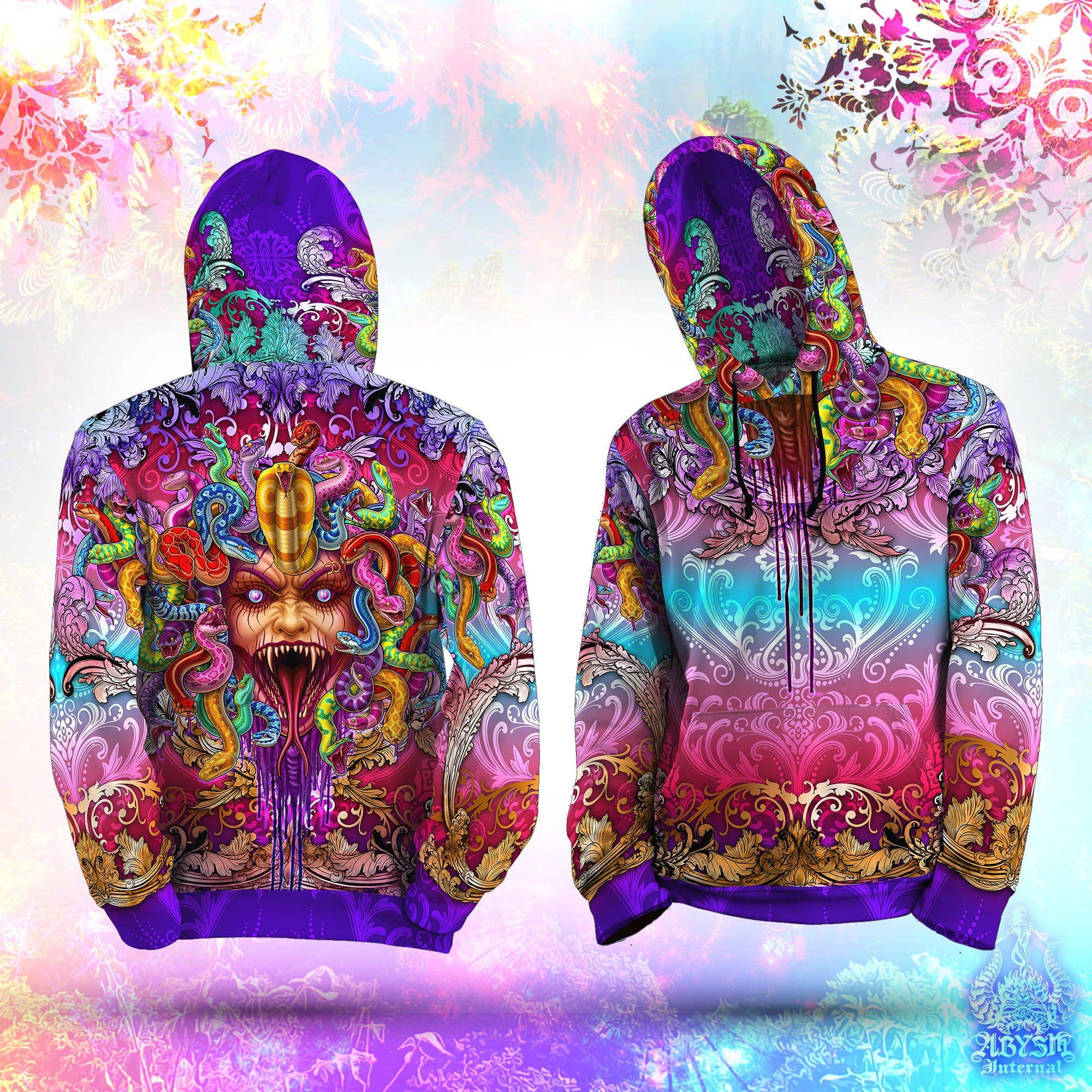 Trippy Hoodie, Rave Outfit, Psychedelic Streetwear, Psy Festival Sweater, Alternative Clothing, Unisex - Enraged Medusa - Abysm Internal