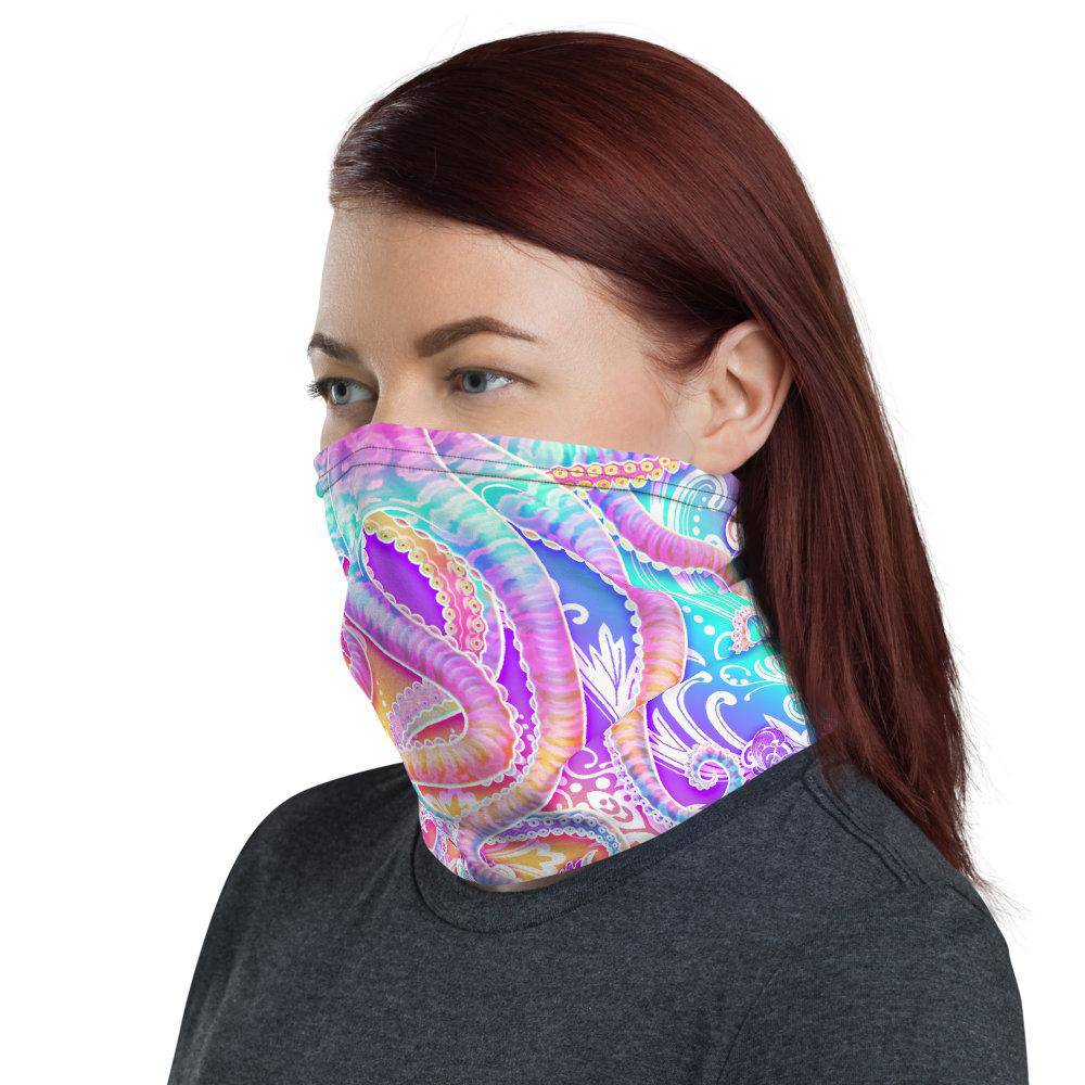 Trippy Neck Gaiter, Face Mask, Head Covering, Rave Outfit, Psychedelic Beach Festival, Octopus Art - Aesthetic, Holographic Pastel - Abysm Internal