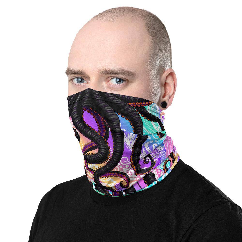 Trippy Neck Gaiter, Face Mask, Head Covering, Rave Outfit, Psychedelic Beach Festival, Octopus Art - Aesthetic, Holographic Pastel Punk Black - Abysm Internal