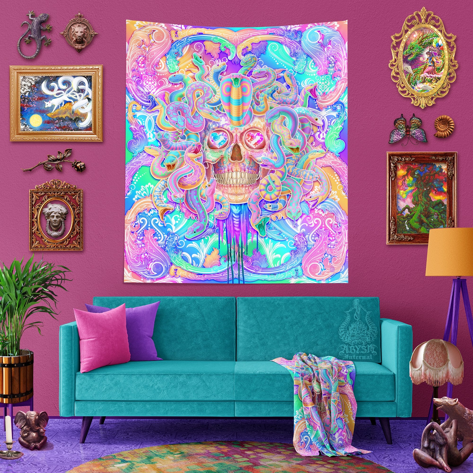 Trippy Tapestry, Aesthetic Wall Hanging, Pastel Horror Skull, Psychedelic Home Decor, Vertical Art Print, Eclectic and Funky - Medusa & Snakes, 4 Faces - Abysm Internal
