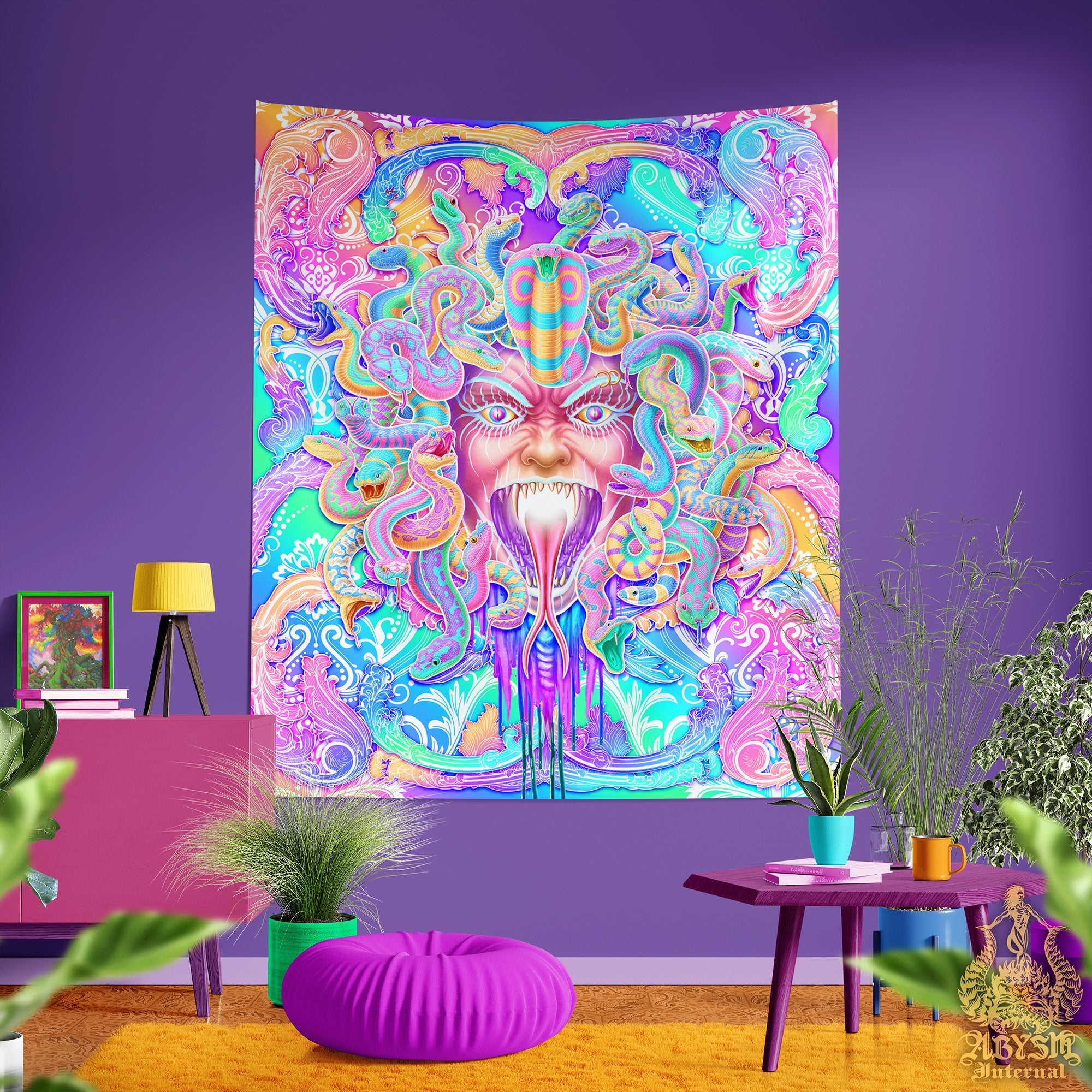 Trippy Tapestry, Aesthetic Wall Hanging, Pastel Horror Skull, Psychedelic Home Decor, Vertical Art Print, Eclectic and Funky - Medusa & Snakes, 4 Faces - Abysm Internal