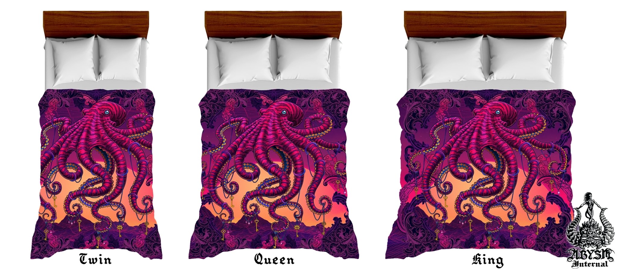 Vaporwave Bedding Set, Comforter and Duvet, Synthwave Bed Cover and Retrowave Bedroom Decor, King, Queen and Twin Size, Gamer Kids 80s Room - Psychedelic Octopus - Abysm Internal
