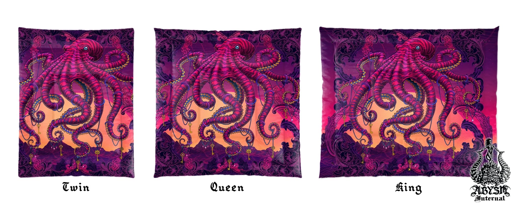 Vaporwave Bedding Set, Comforter and Duvet, Synthwave Bed Cover and Retrowave Bedroom Decor, King, Queen and Twin Size, Gamer Kids 80s Room - Psychedelic Octopus - Abysm Internal