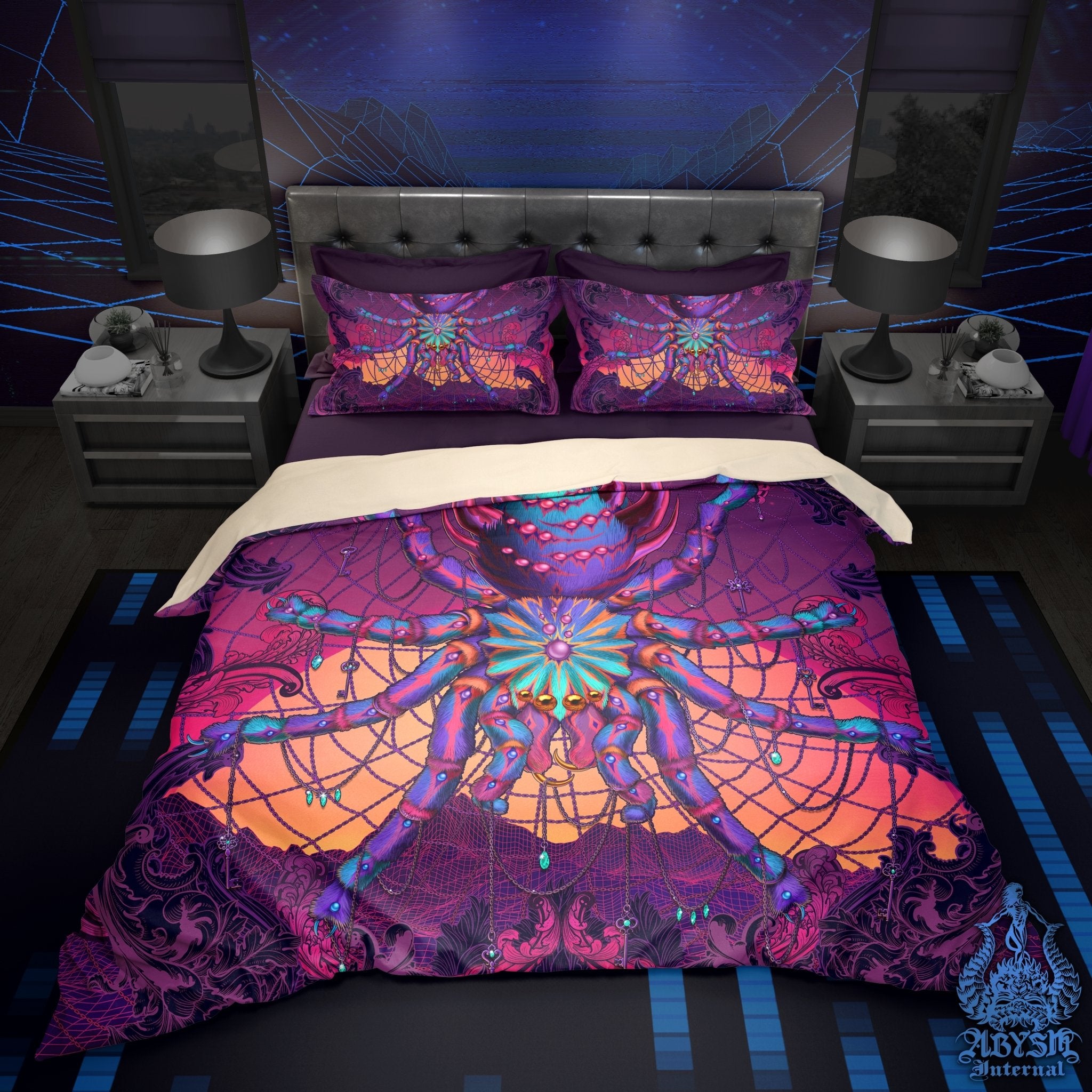 Vaporwave Bedding Set, Comforter and Duvet, Synthwave Bed Cover and Retrowave Bedroom Decor, King, Queen and Twin Size, Gamer Kids 80s Room - Psychedelic Spider - Abysm Internal