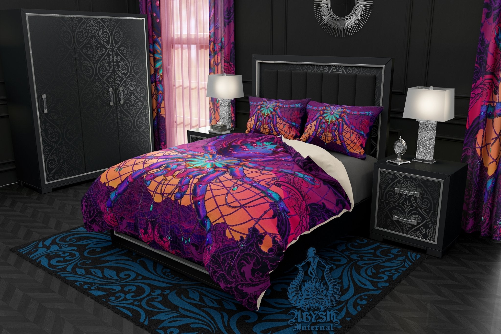 Vaporwave Bedding Set, Comforter and Duvet, Synthwave Bed Cover and Retrowave Bedroom Decor, King, Queen and Twin Size, Gamer Kids 80s Room - Psychedelic Spider - Abysm Internal
