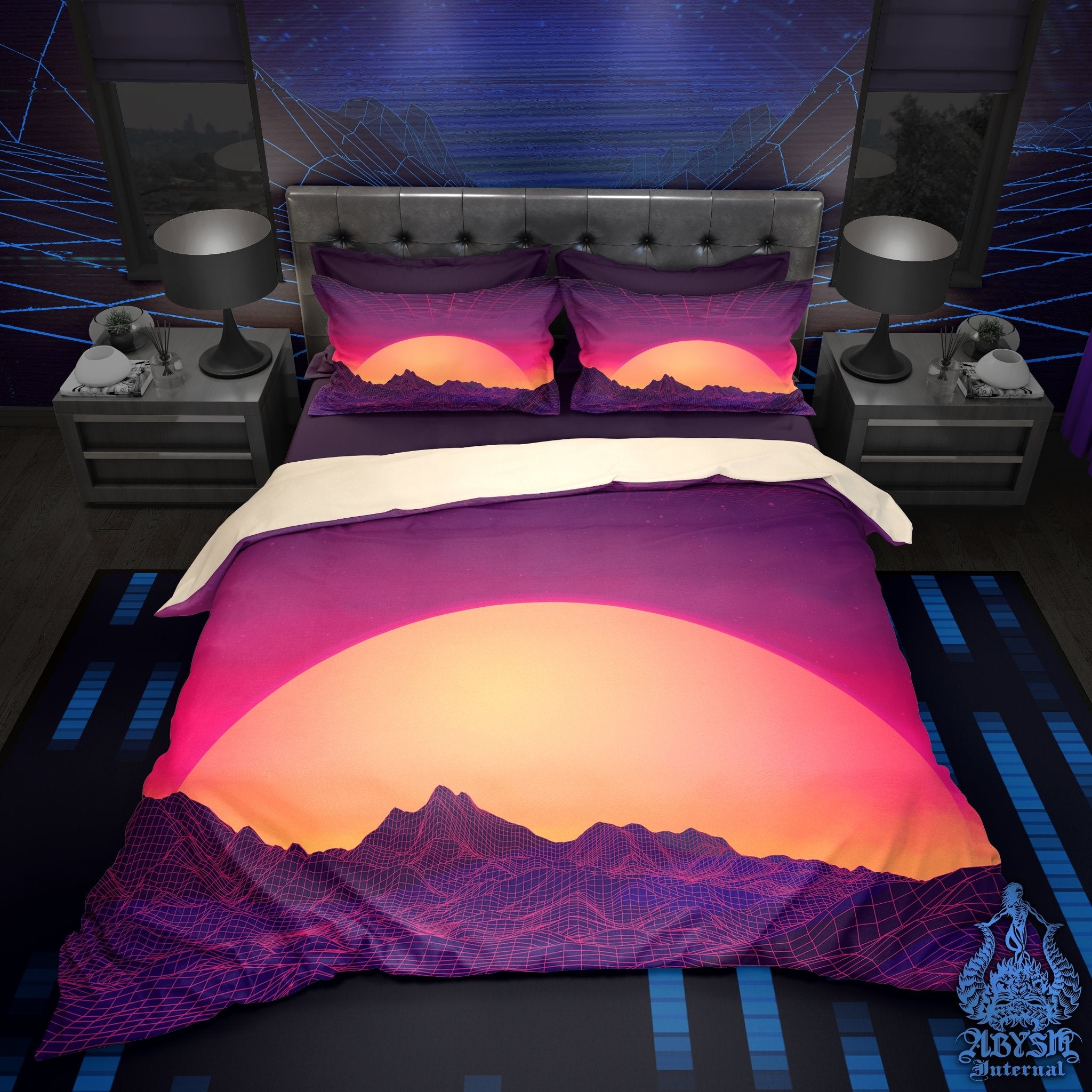 Vaporwave Bedding Set, Comforter and Duvet, Synthwave Bed Cover and Retrowave Bedroom Decor, King, Queen and Twin Size, Gamer Kids 80s Room - Sunset - Abysm Internal