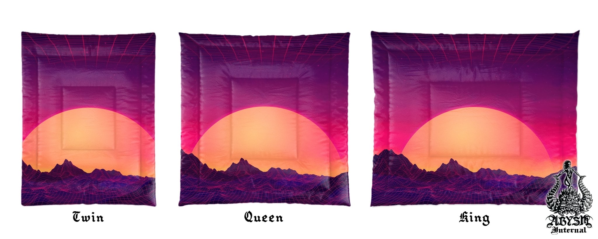 Vaporwave Bedding Set, Comforter and Duvet, Synthwave Bed Cover and Retrowave Bedroom Decor, King, Queen and Twin Size, Gamer Kids 80s Room - Sunset - Abysm Internal