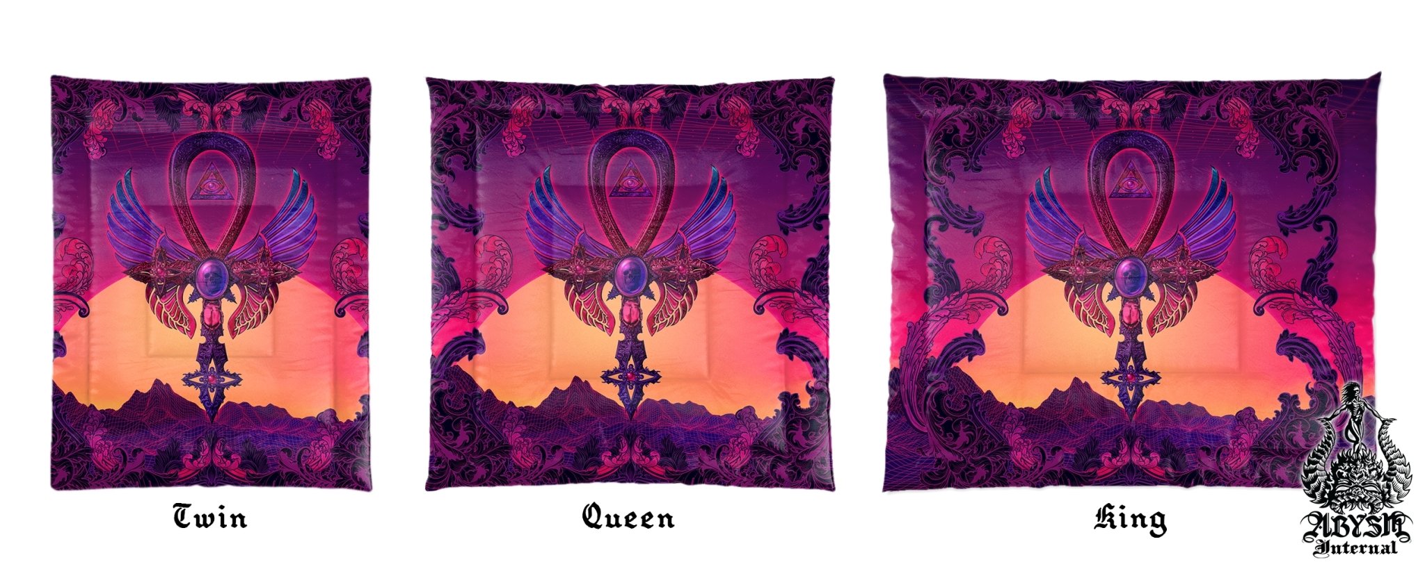 Vaporwave Bedding Set, Comforter and Duvet, Synthwave Bed Cover and Retrowave Bedroom Decor, King, Queen and Twin Size, Psychedelic 80s Gamer Room Art - Ankh, Goth Cross - Abysm Internal