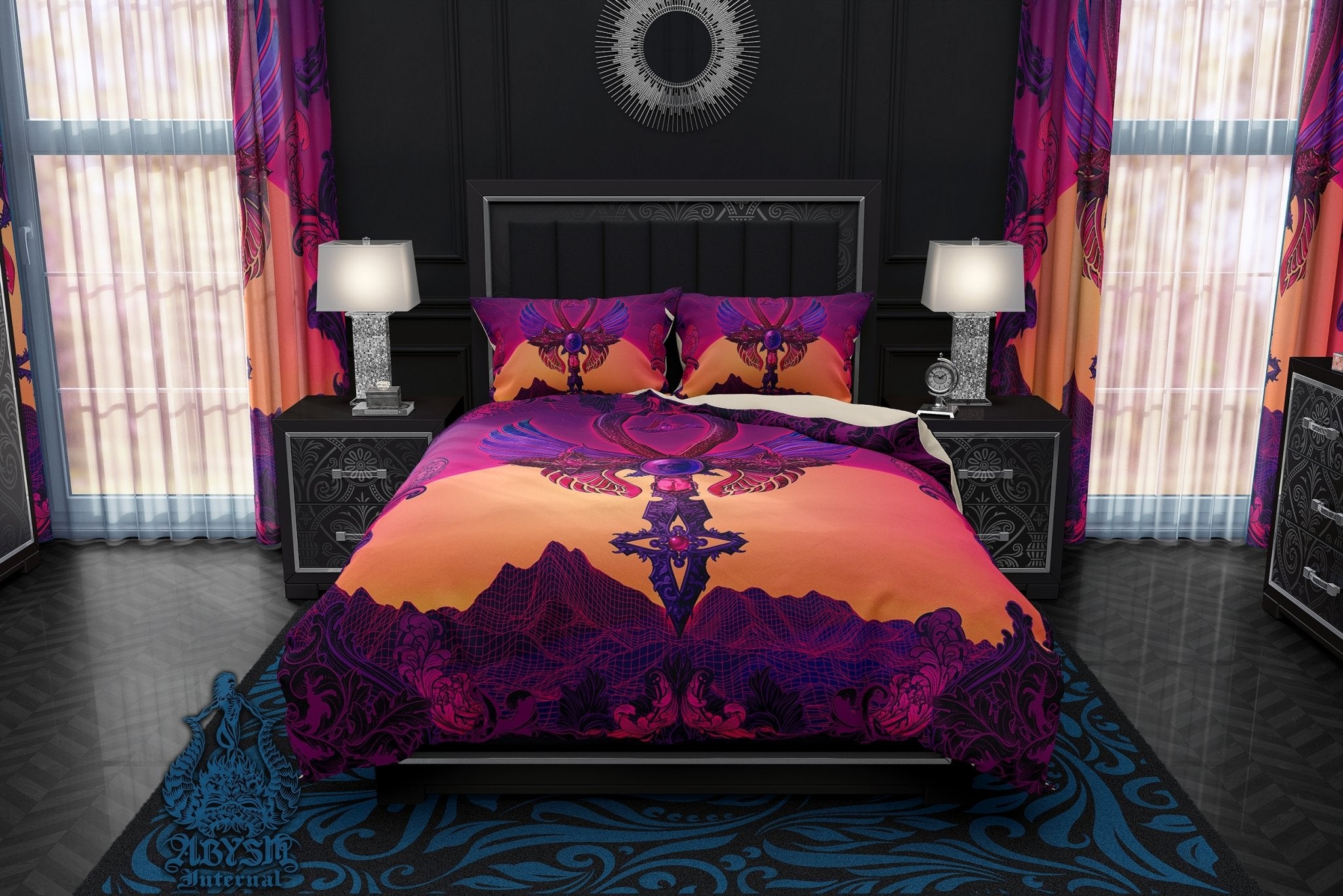 Vaporwave Bedding Set, Comforter and Duvet, Synthwave Bed Cover and Retrowave Bedroom Decor, King, Queen and Twin Size, Psychedelic 80s Gamer Room Art - Ankh, Goth Cross - Abysm Internal