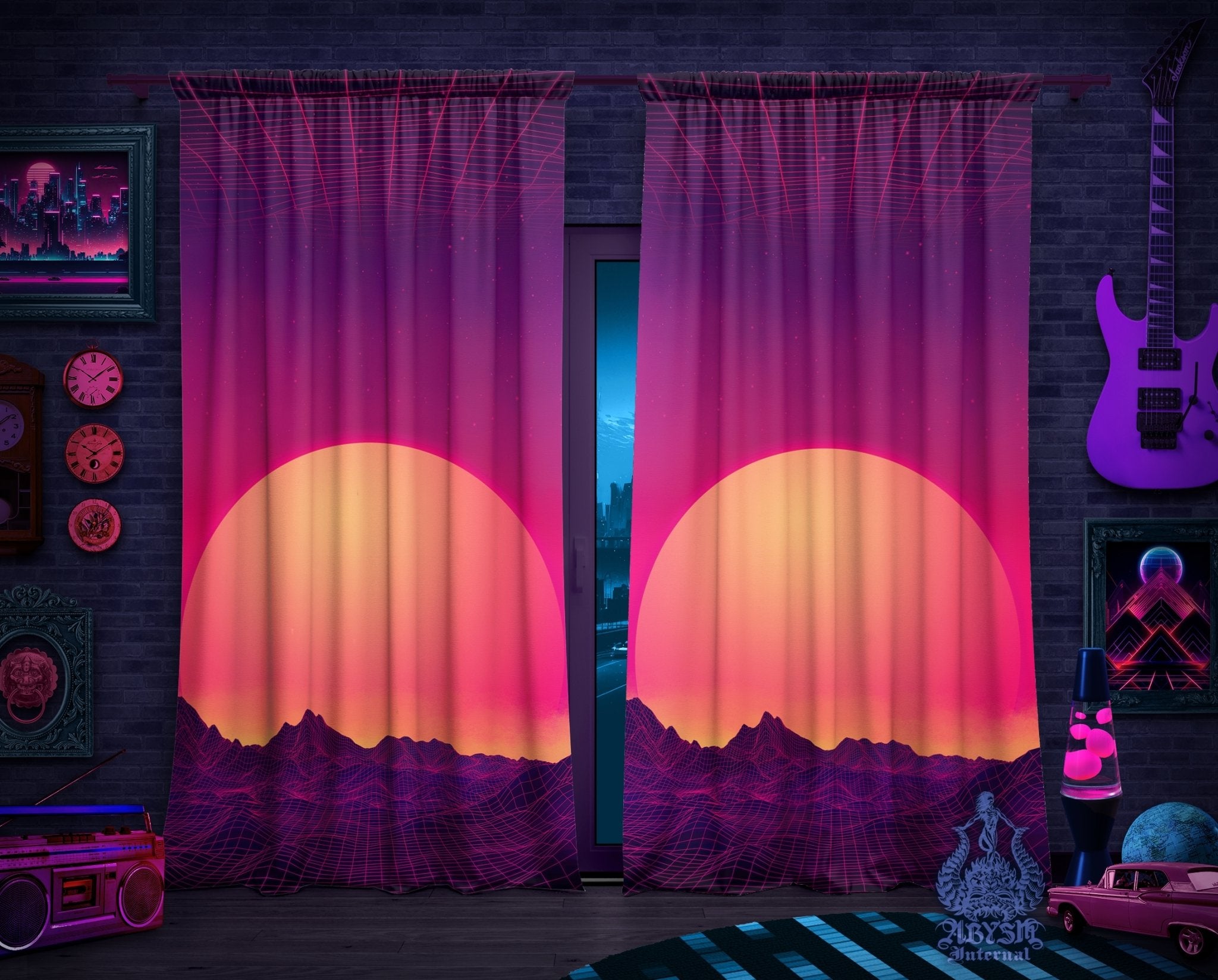 Vaporwave Blackout Curtains, Long Window Panels, Psychedelic Art Print, Synthwave Kids Room Decor, 80s Gamer Retrowave Home and Shop Decor - Sunset - Abysm Internal
