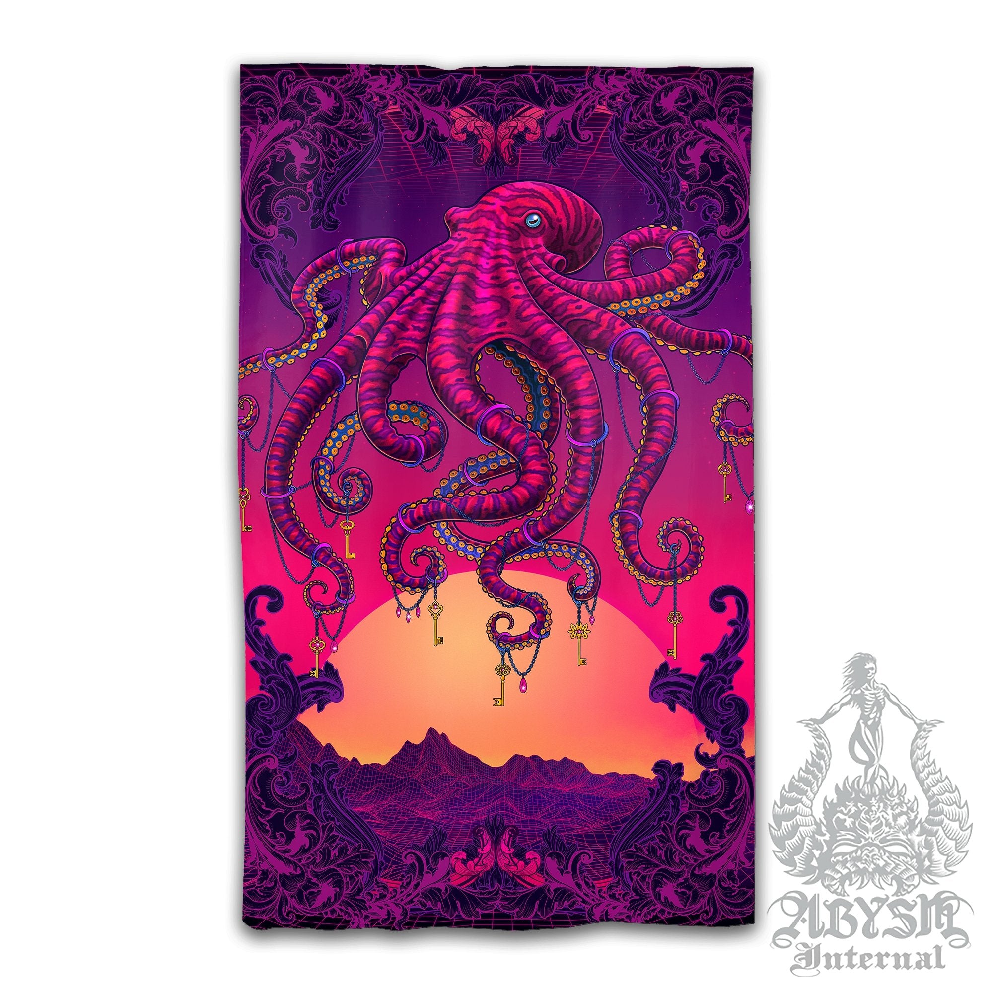 Vaporwave Blackout Curtains, Long Window Panels, Psychedelic Art Print, Synthwave Room Decor, 80s Gamer Retrowave Home and Shop Decor - Octopus - Abysm Internal