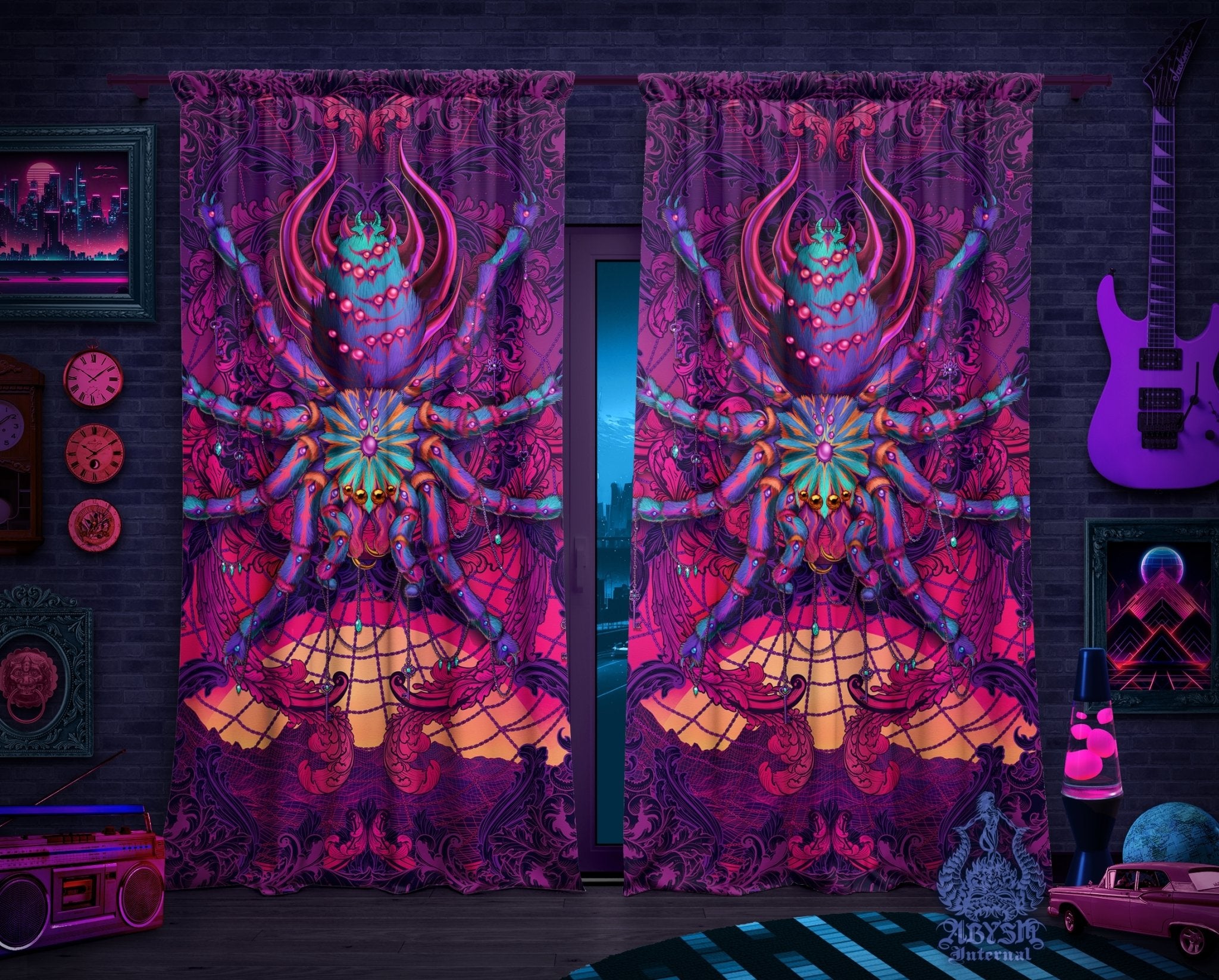 Vaporwave Blackout Curtains, Long Window Panels, Psychedelic Art Print, Synthwave Room Decor, 80s Gamer Retrowave Home and Shop Decor - Tarantula Spider - Abysm Internal