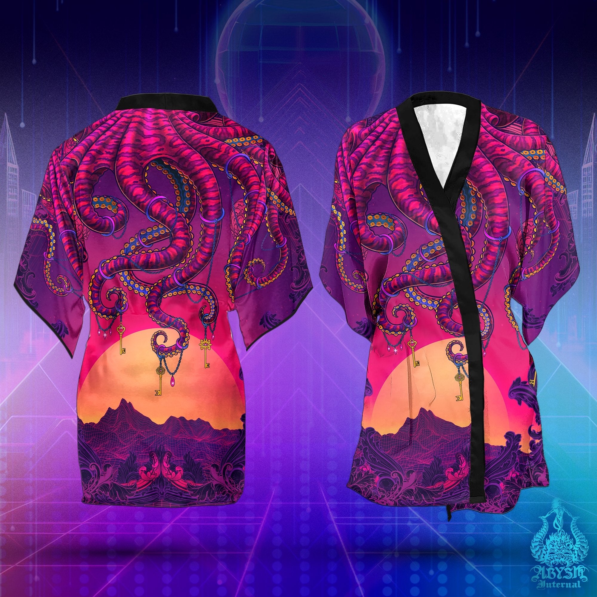 Vaporwave Cover Up, Synthwave Outfit, Retrowave Party Kimono, Summer Festival Robe, 80s Art, Alternative Beach Clothing, Unisex - Octopus - Abysm Internal