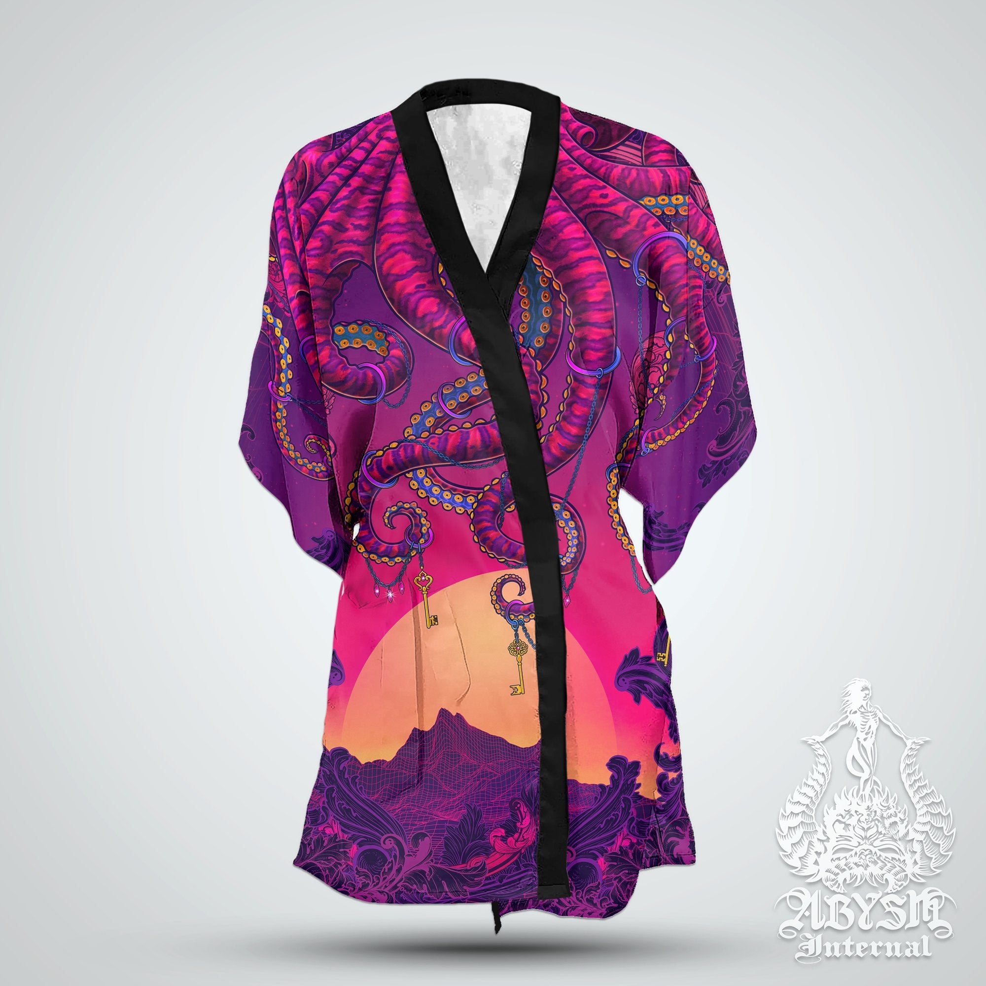 Vaporwave Cover Up, Synthwave Outfit, Retrowave Party Kimono, Summer Festival Robe, 80s Art, Alternative Beach Clothing, Unisex - Octopus - Abysm Internal