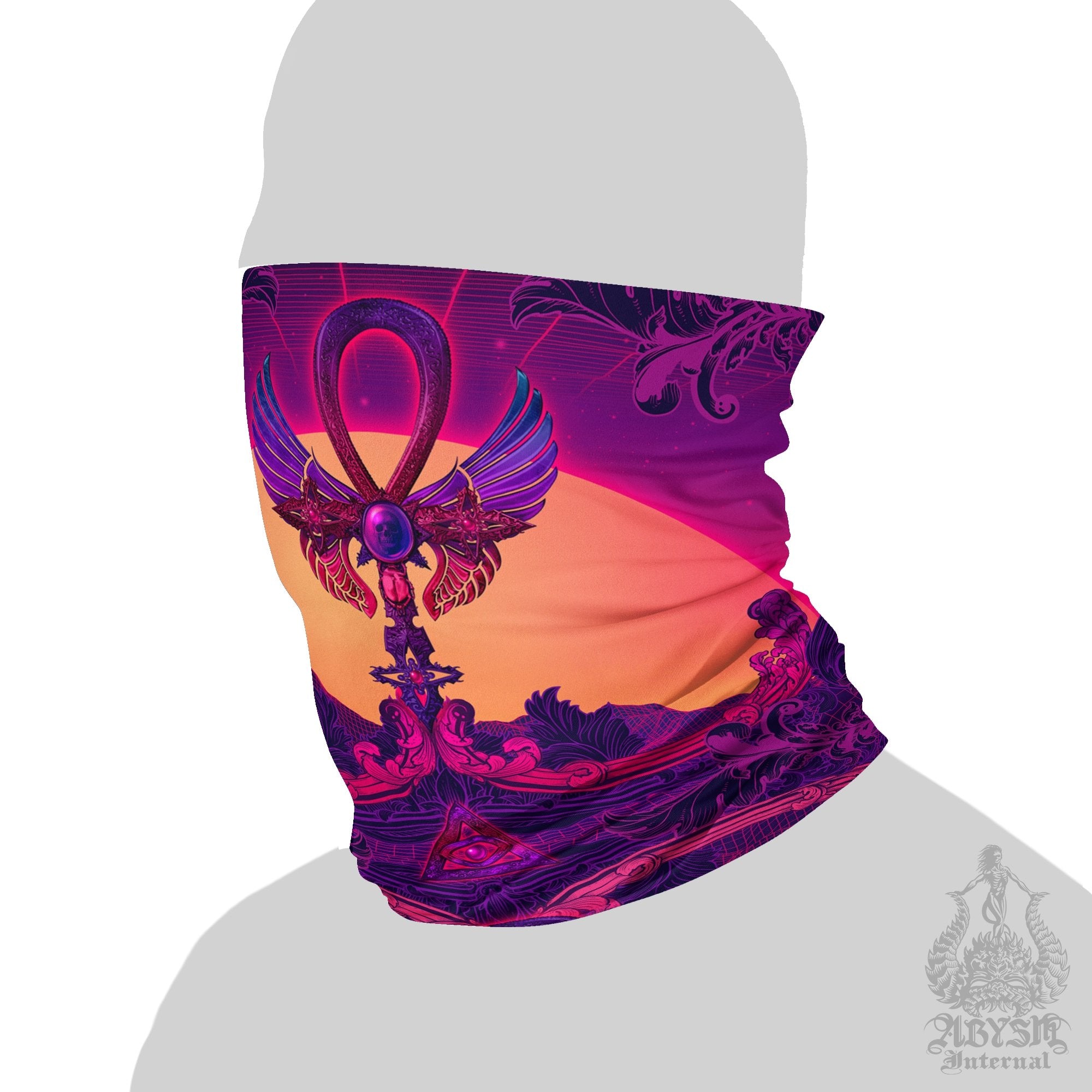 Vaporwave Neck Gaiter, Face Mask, Synthwave Head Covering, Psychedelic 80s Retrowave, Rave Festival Outfit - Ankh - Abysm Internal