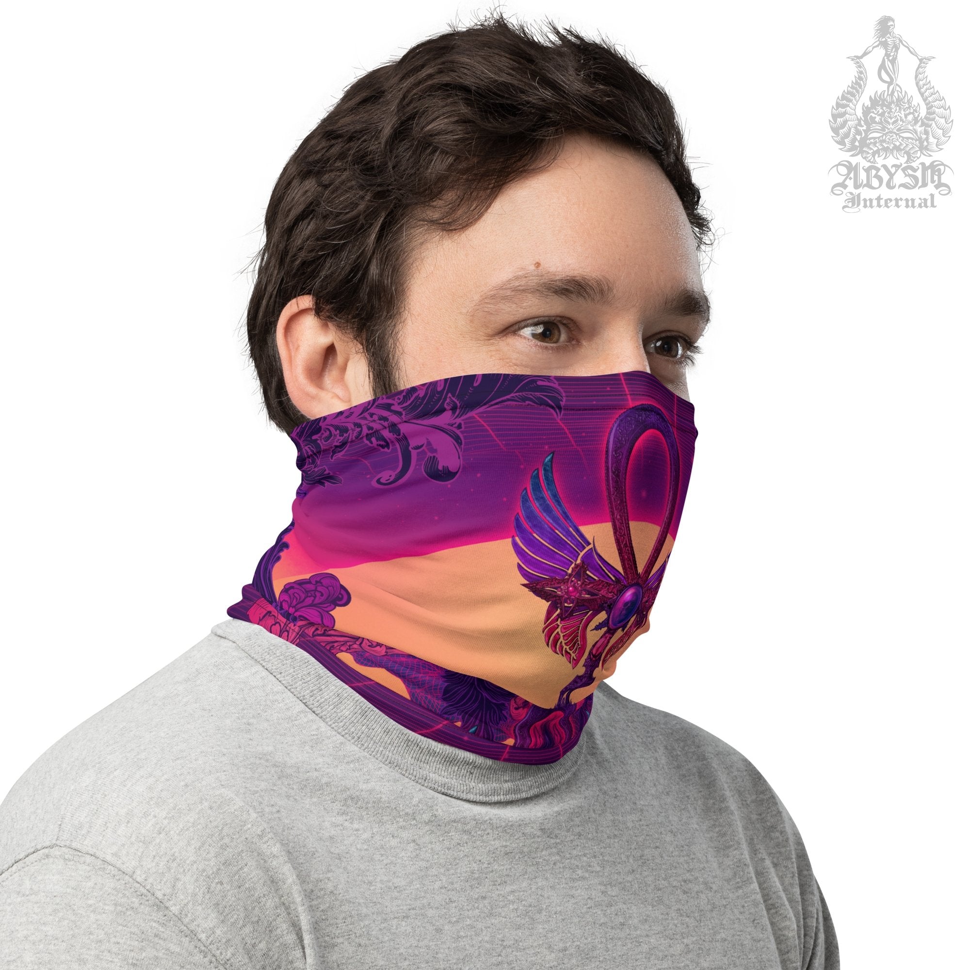 Vaporwave Neck Gaiter, Face Mask, Synthwave Head Covering, Psychedelic 80s Retrowave, Rave Festival Outfit - Ankh - Abysm Internal