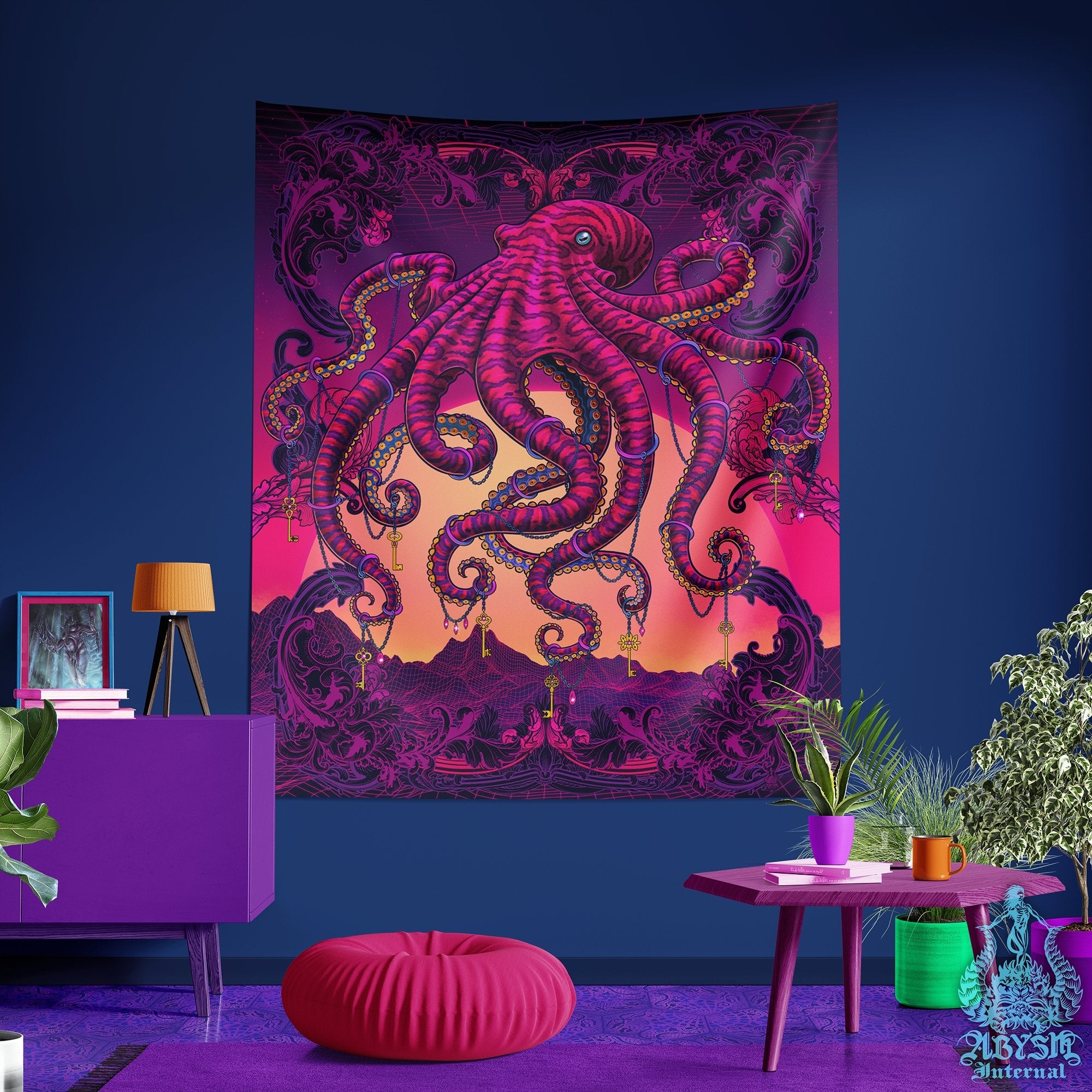 Vaporwave Octopus Tapestry, Synthwave Wall Hanging, Retrowave 80s Home Decor, Psychedelic Art Print, Eclectic and Funky - Octopus - Abysm Internal