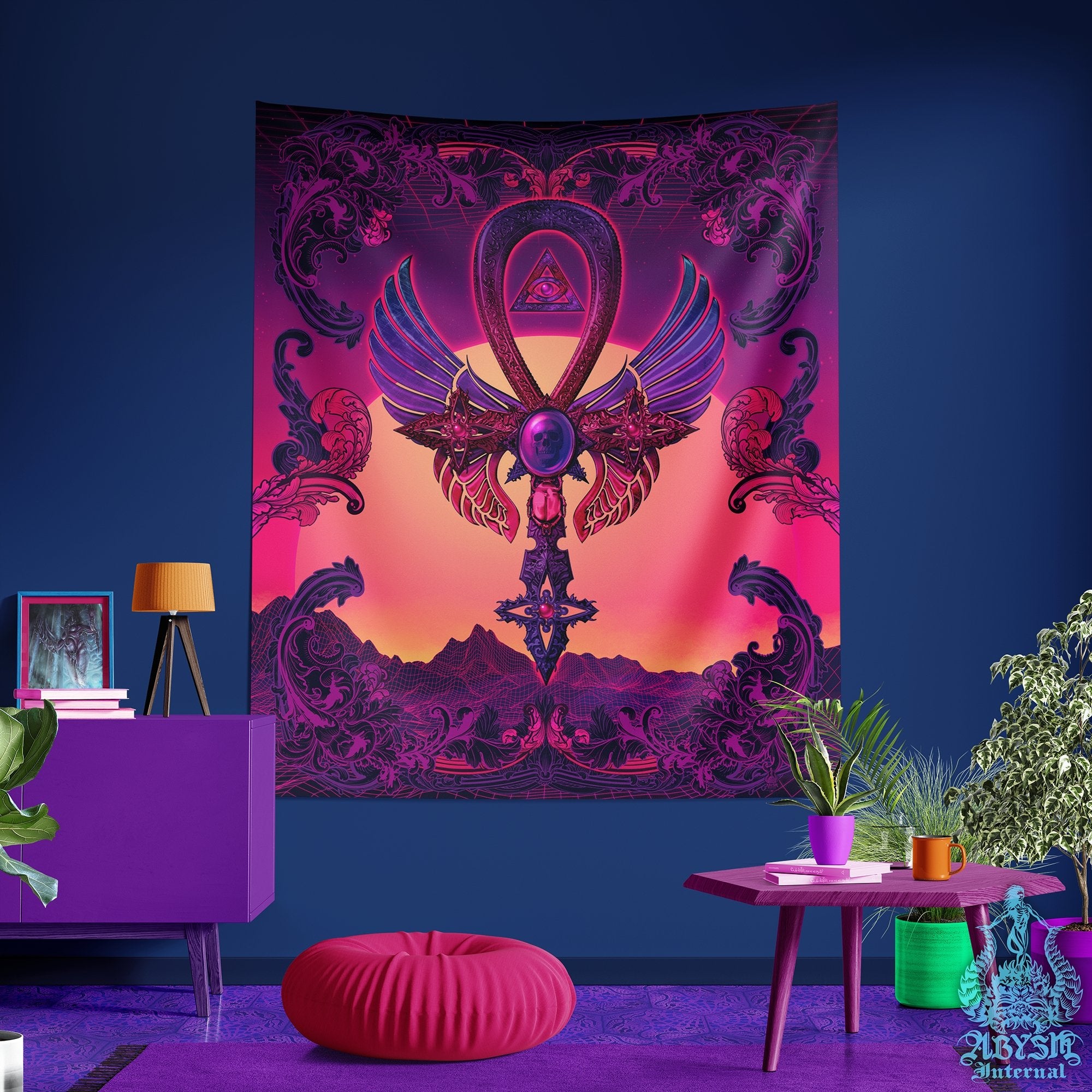 Vaporwave Tapestry, Synthwave Wall Hanging, Retrowave 80s Home Decor, Art Print, Eclectic and Funky - Ankh - Abysm Internal
