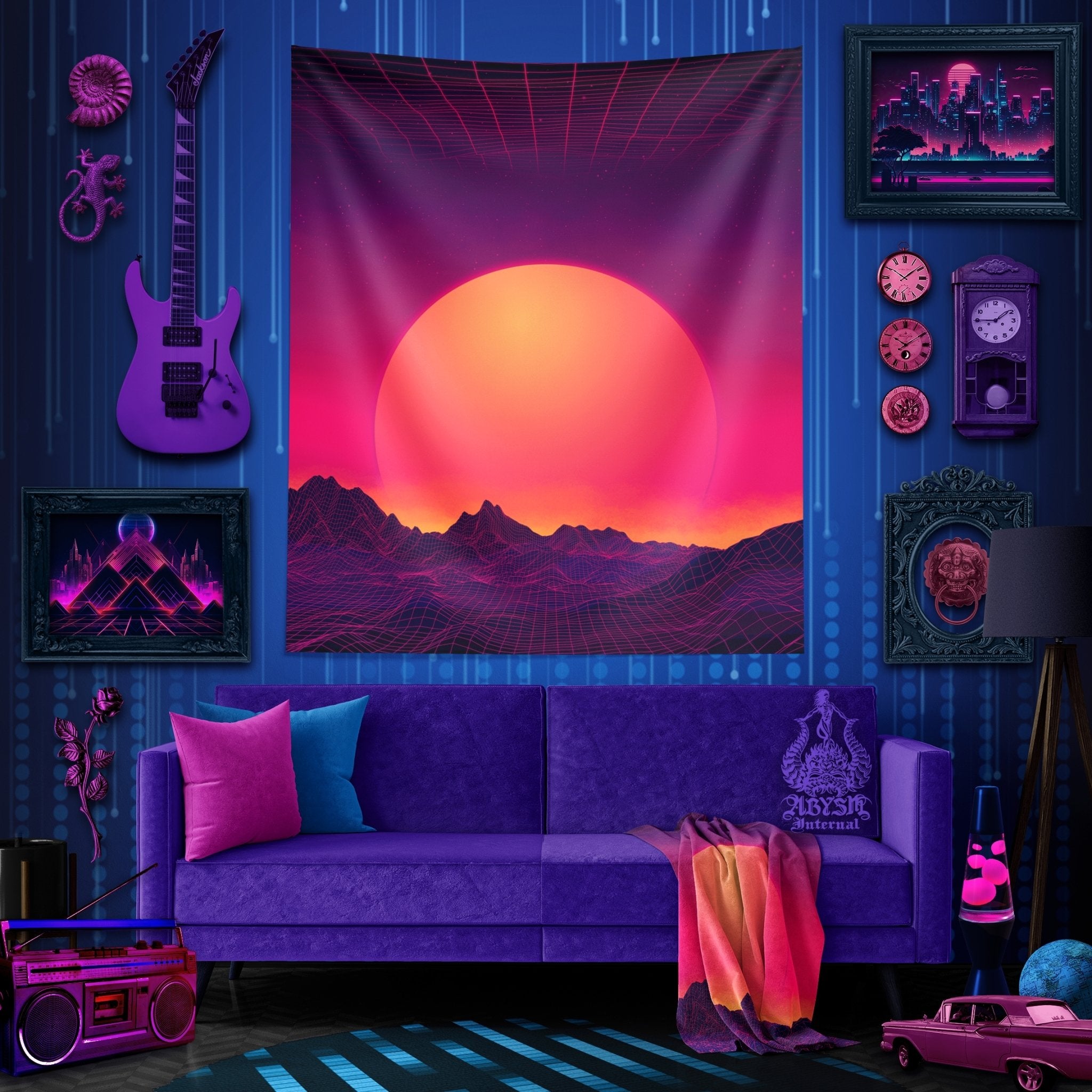 Vaporwave Tapestry, Synthwave Wall Hanging, Retrowave 80s Home Decor, Art Print, Eclectic and Funky - Sunset - Abysm Internal