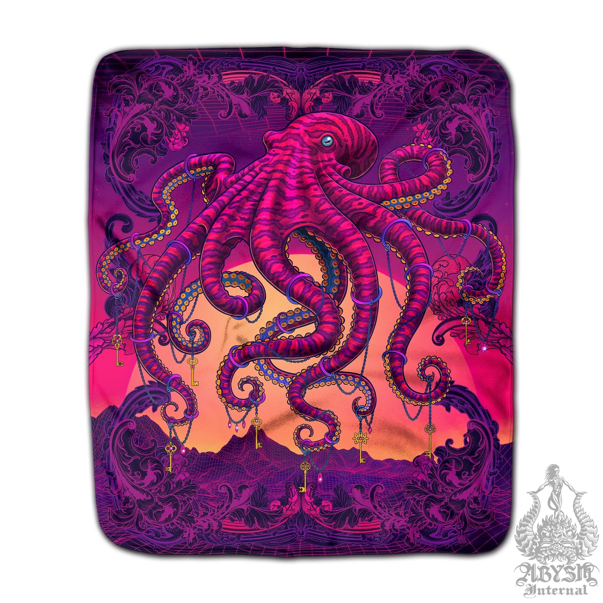 Vaporwave Throw Fleece Blanket, Retrowave Art, Psychedelic Home Decor, 80s Synthwave, Eclectic and Funky Gift for Kids - Octopus - Abysm Internal