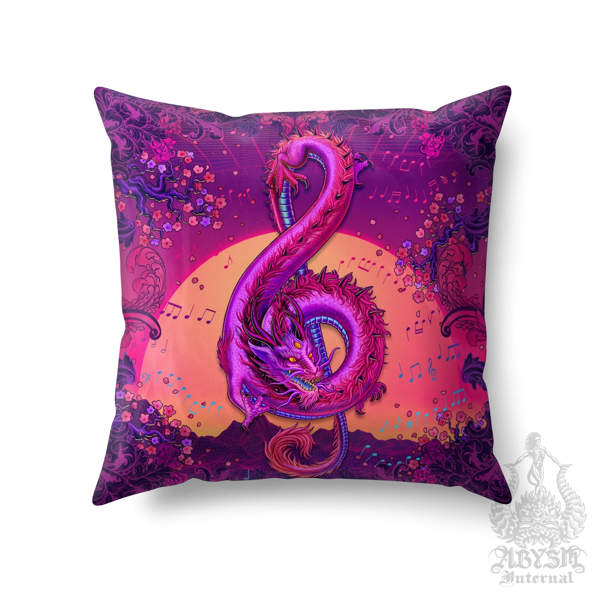 Vaporwave Throw Pillow, Psychedelic Decorative Accent Cushion, Synthwave Home Decor, Retrowave 80s Music Room - Treble Clef Dragon - Abysm Internal