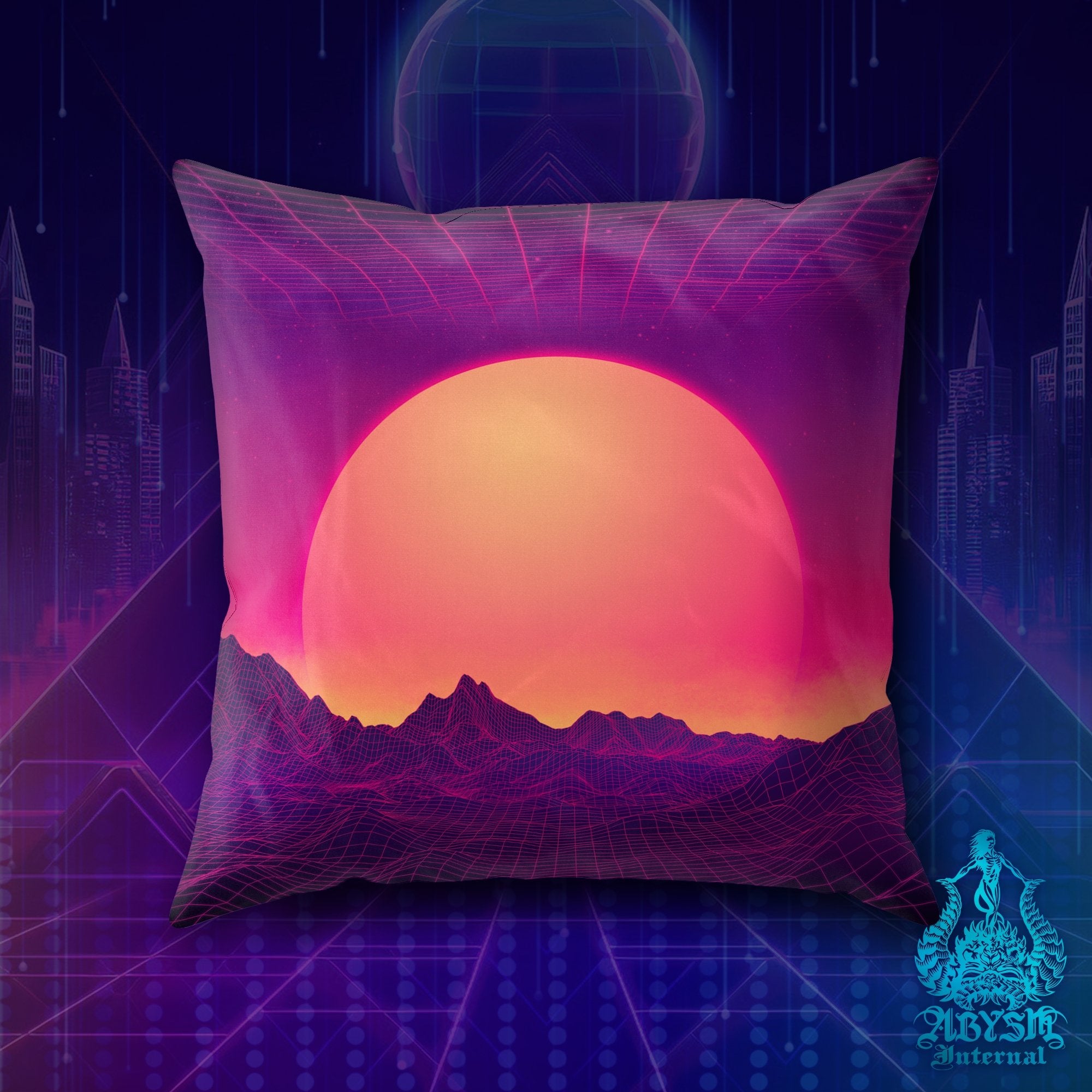 Vaporwave Throw Pillow, Psychedelic Decorative Accent Cushion, Synthwave Home Decor, Retrowave 80s Room - Sunset - Abysm Internal