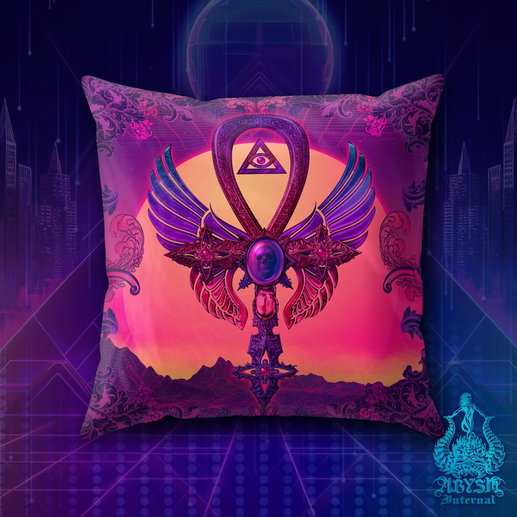Vaporwave Throw Pillow, Synthwave Decorative Accent Cushion, Retrowave 80s Room Decor, Psychedelic Art Print - Ankh - Abysm Internal