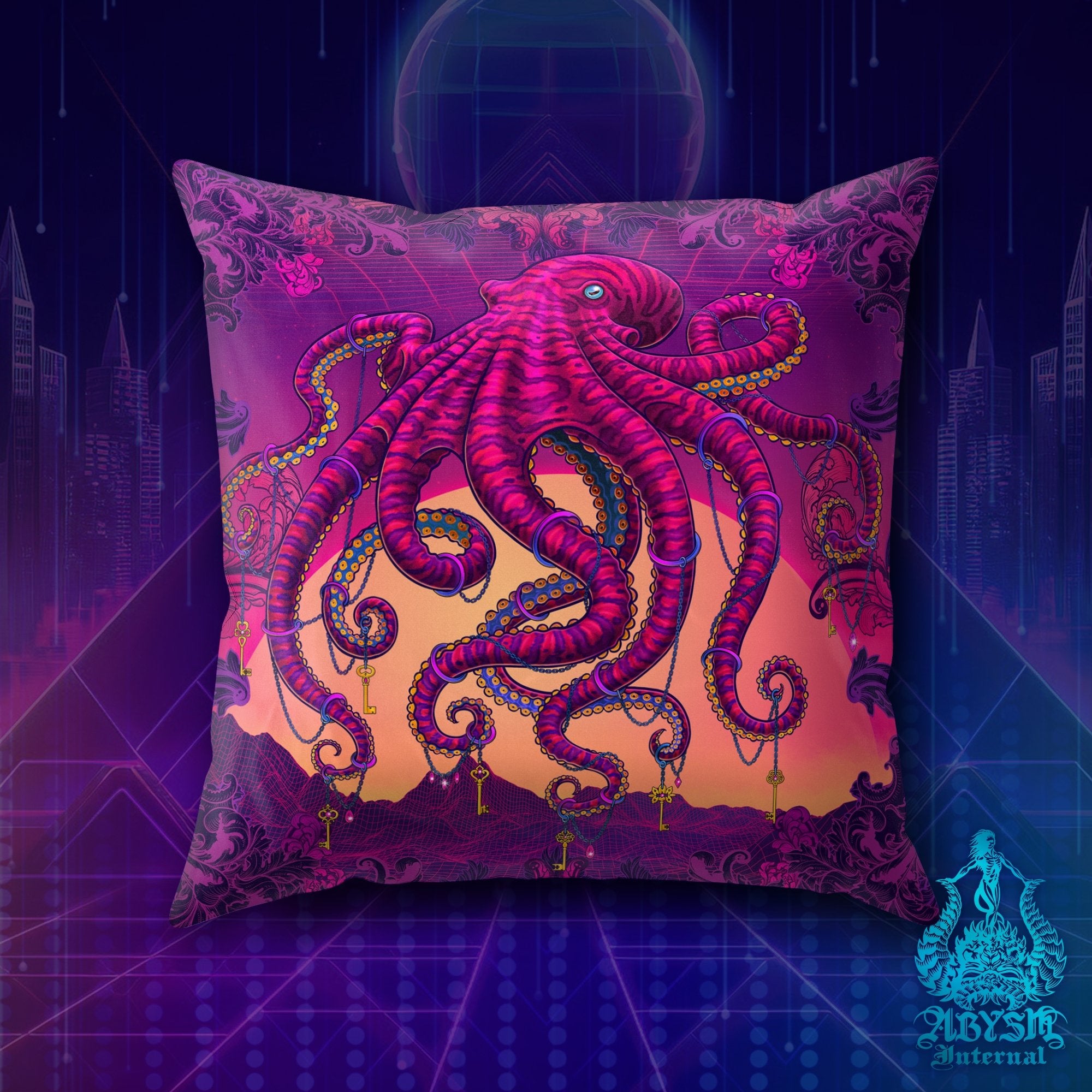Vaporwave Throw Pillow, Synthwave Decorative Accent Cushion, Retrowave 80s Room Decor, Psychedelic Art Print - Octopus - Abysm Internal