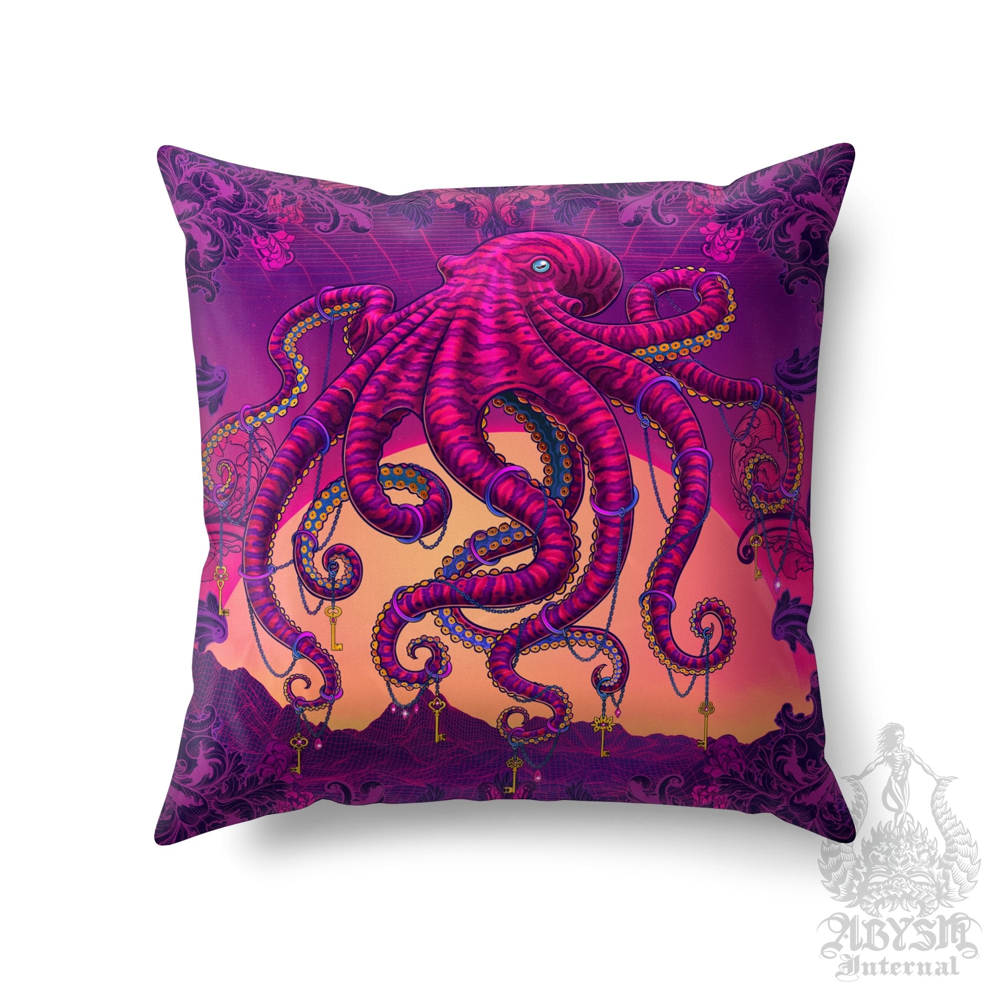 Vaporwave Throw Pillow, Synthwave Decorative Accent Cushion, Retrowave 80s Room Decor, Psychedelic Art Print - Octopus - Abysm Internal
