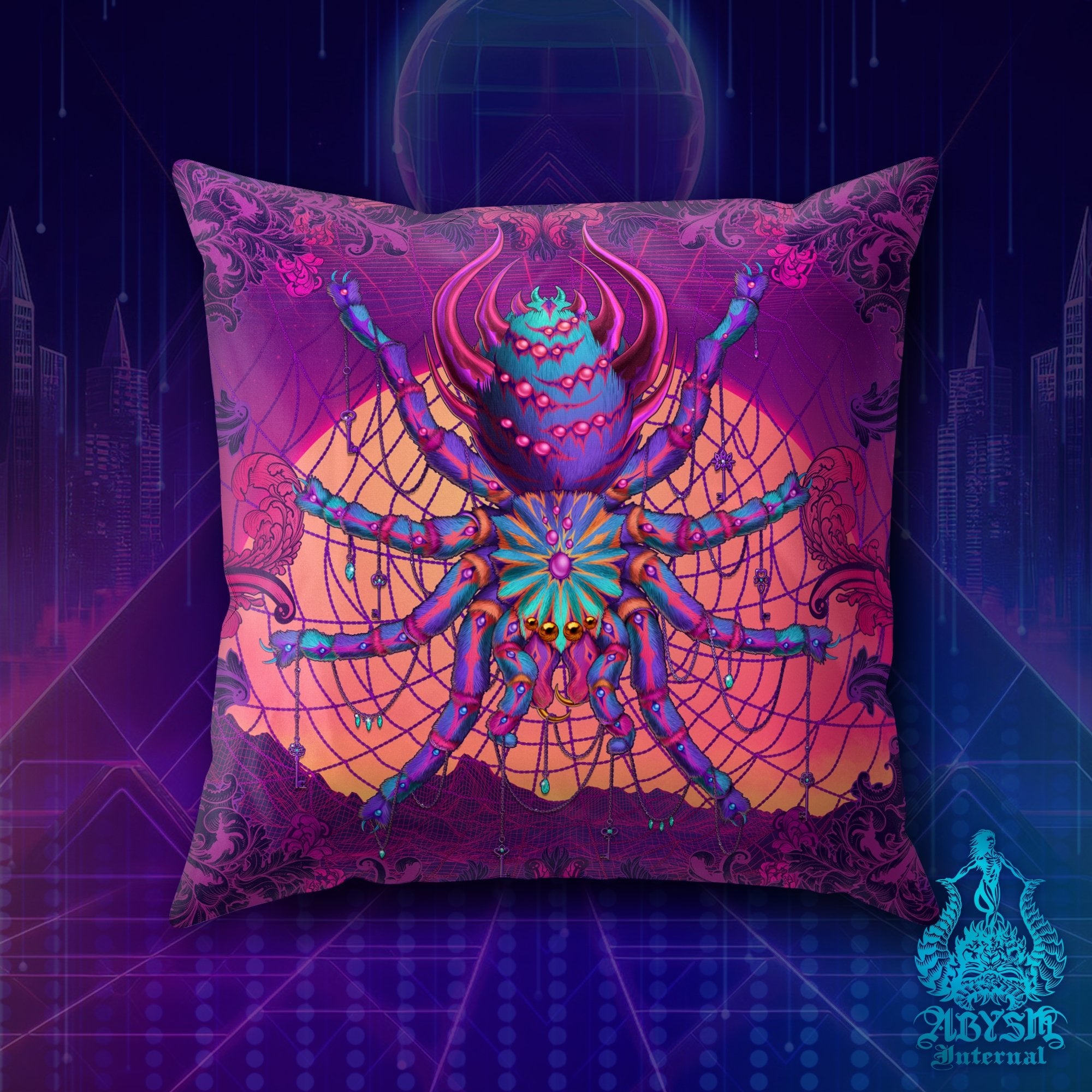 Vaporwave Throw Pillow, Synthwave Decorative Accent Cushion, Retrowave 80s Room Decor, Psychedelic Art Print - Tarantula Spider - Abysm Internal