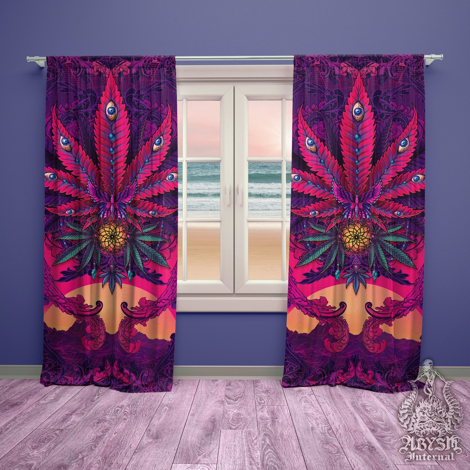 Vaporwave Weed Blackout Curtains, Cannabis Shop Decor, Long Window Panels, Psychedelic Print, 420 Room Art, 80s Synthwave and Retrowave - Abysm Internal