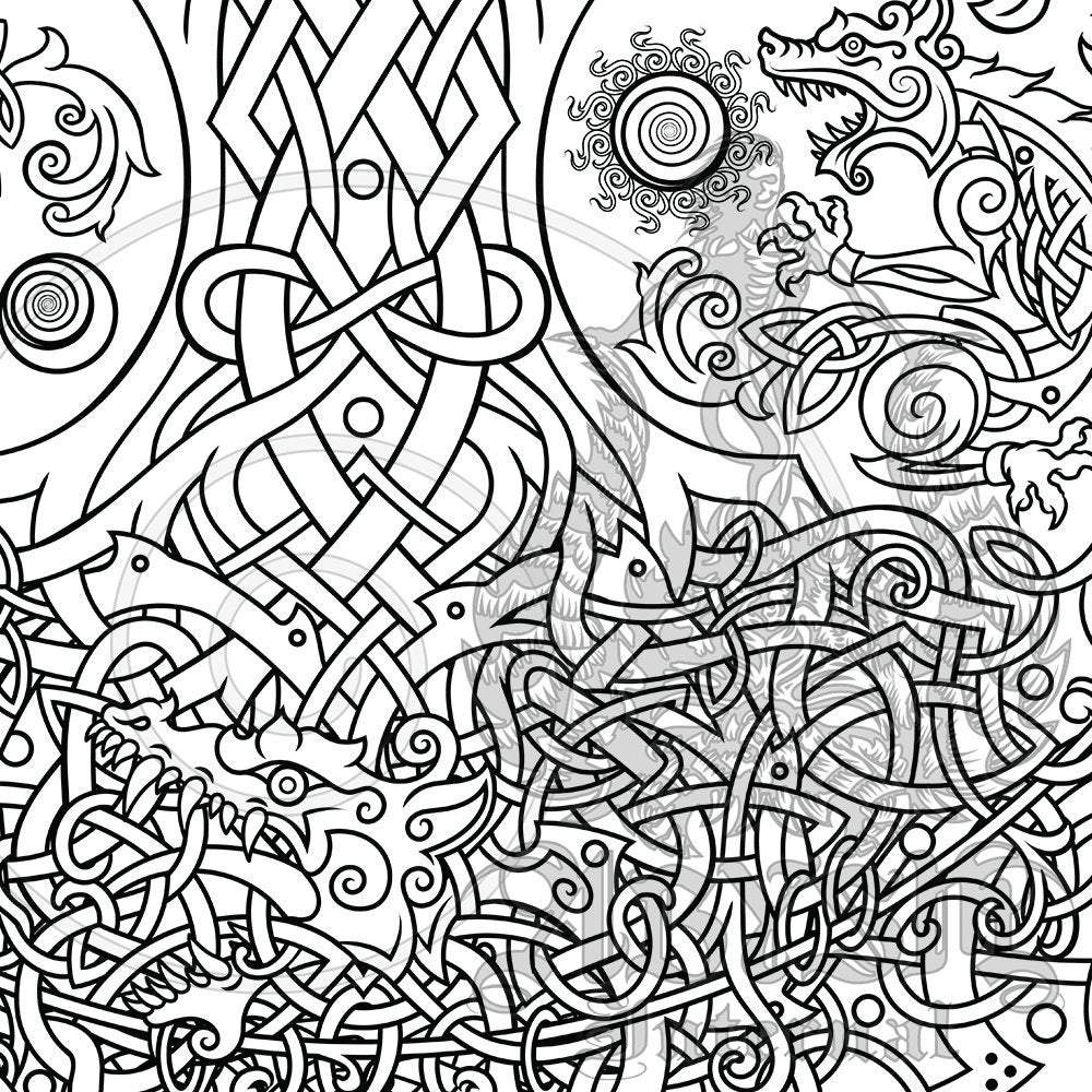 Viking Art Print Adult Coloring Poster, Yggdrasil Tree of Life & Celtic Knot Design, Coloring Sheet, DIY Wall Decor, Matte - Abysm Internal