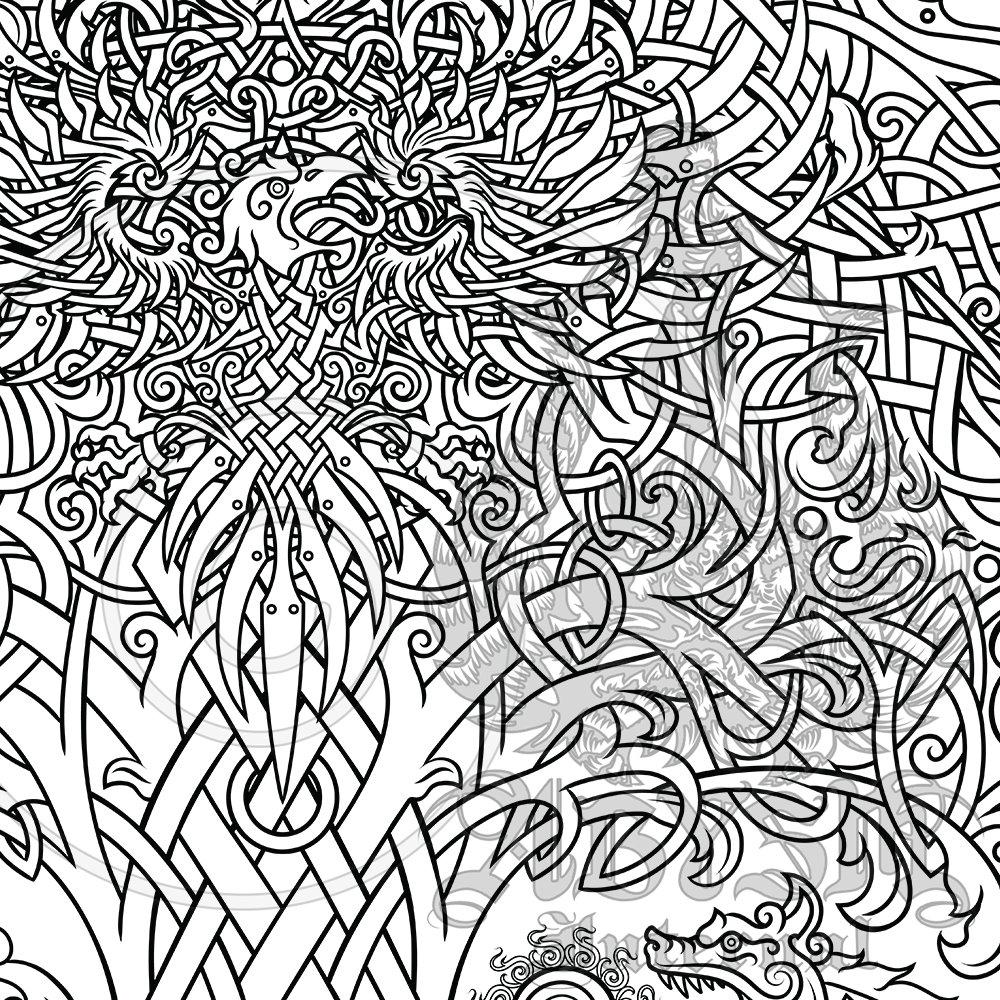 Viking Art Print Adult Coloring Poster, Yggdrasil Tree of Life & Celtic Knot Design, Coloring Sheet, DIY Wall Decor, Matte - Abysm Internal