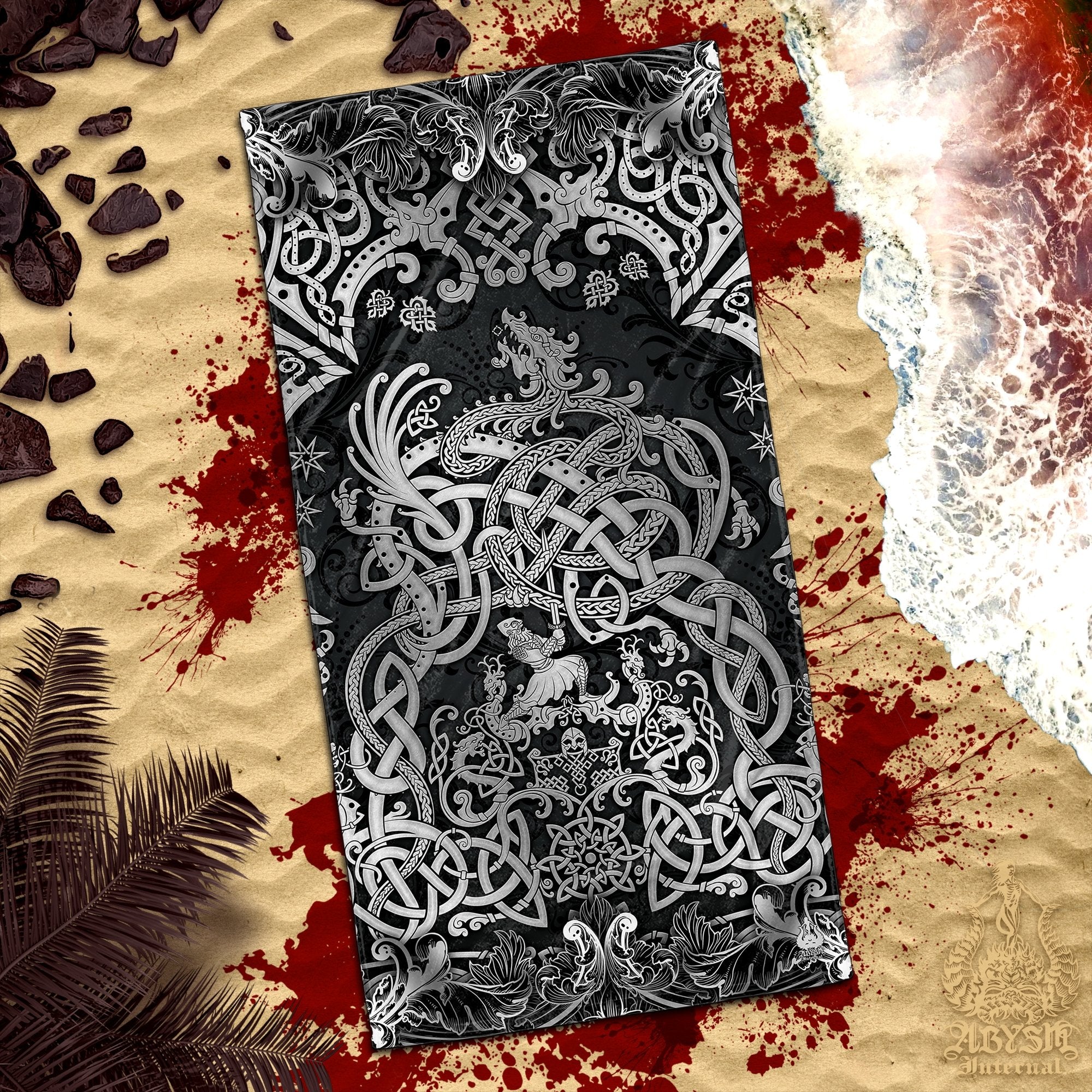 Viking Beach Towel, Dragon Fafnir, Norse Mythology Art - Dark - Abysm Internal