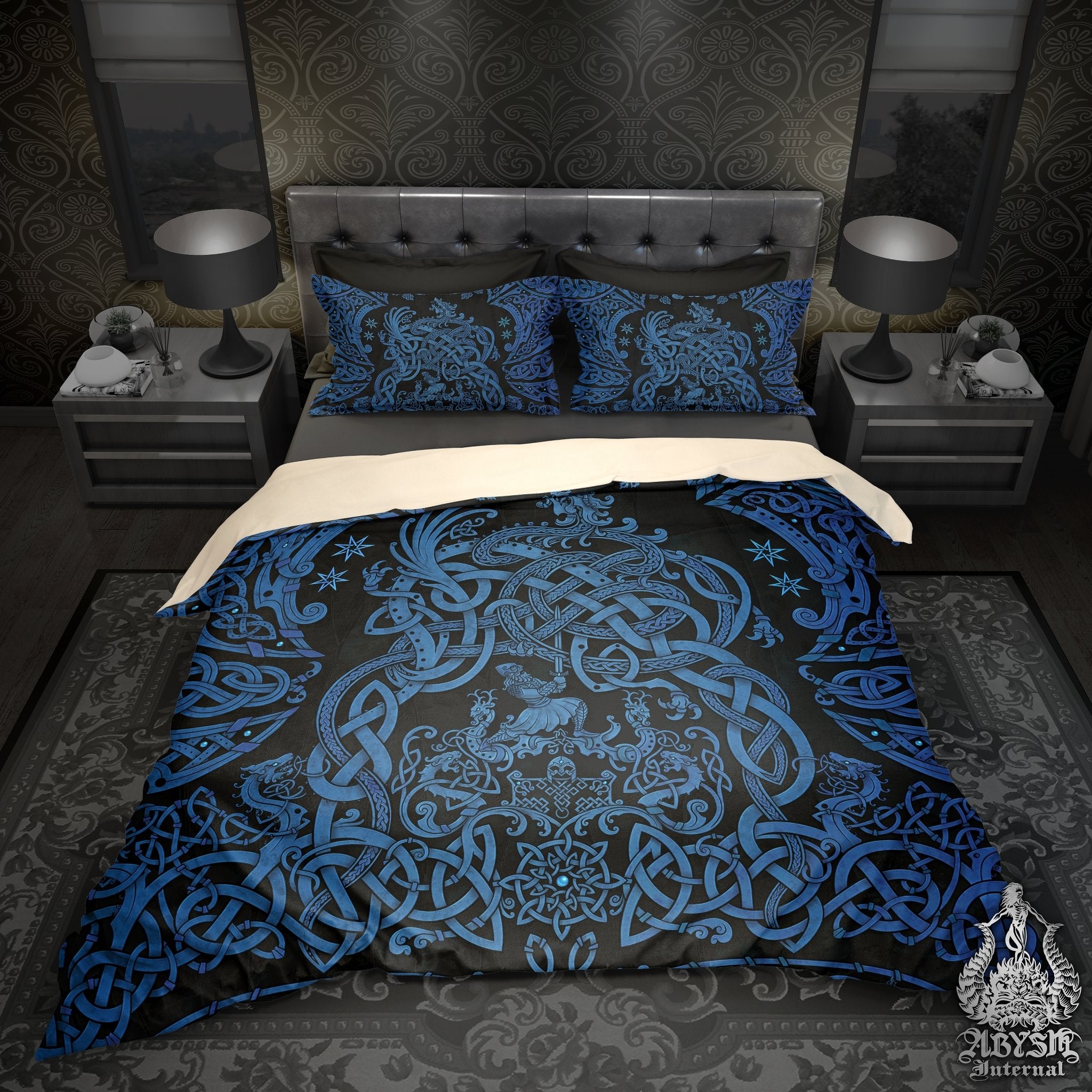 Viking Bedding Set, Comforter and Duvet, Norse Bed Cover and Bedroom Decor, Nordic Art, Sigurd kills Dragon Fafnir, King, Queen and Twin Size - Black & Blue - Abysm Internal