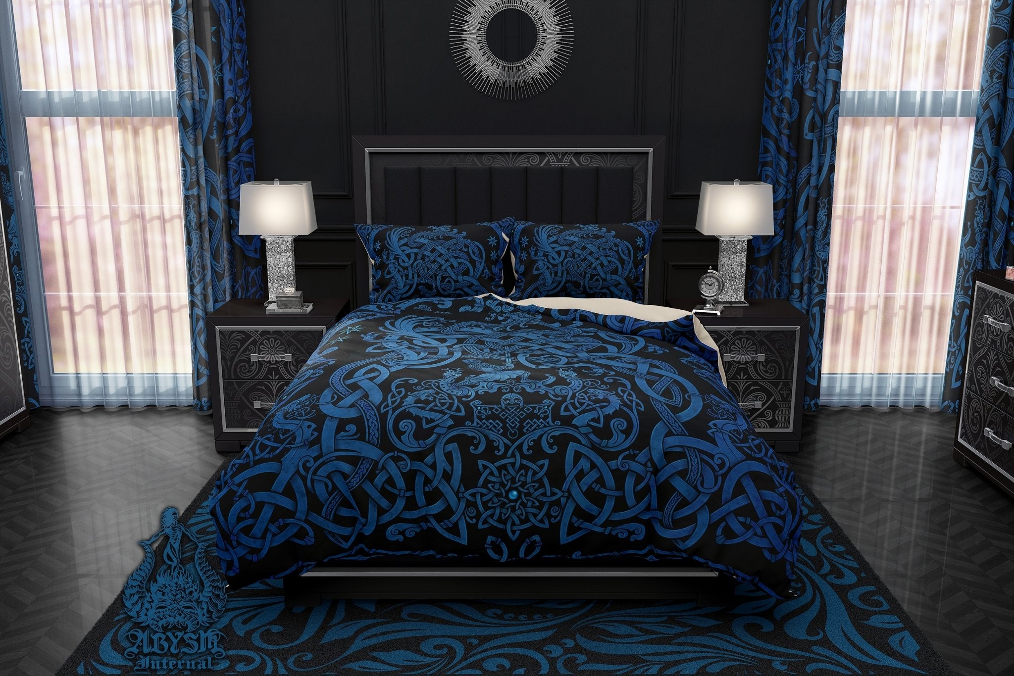 Viking Bedding Set, Comforter and Duvet, Norse Bed Cover and Bedroom Decor, Nordic Art, Sigurd kills Dragon Fafnir, King, Queen and Twin Size - Black & Blue - Abysm Internal