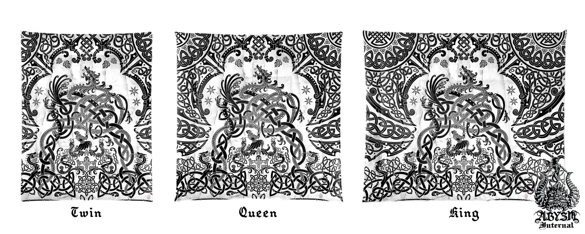 Viking Bedding Set, Comforter and Duvet, Norse Bed Cover and Bedroom Decor, Nordic Art, Sigurd kills Dragon Fafnir, King, Queen and Twin Size - Black & White - Abysm Internal