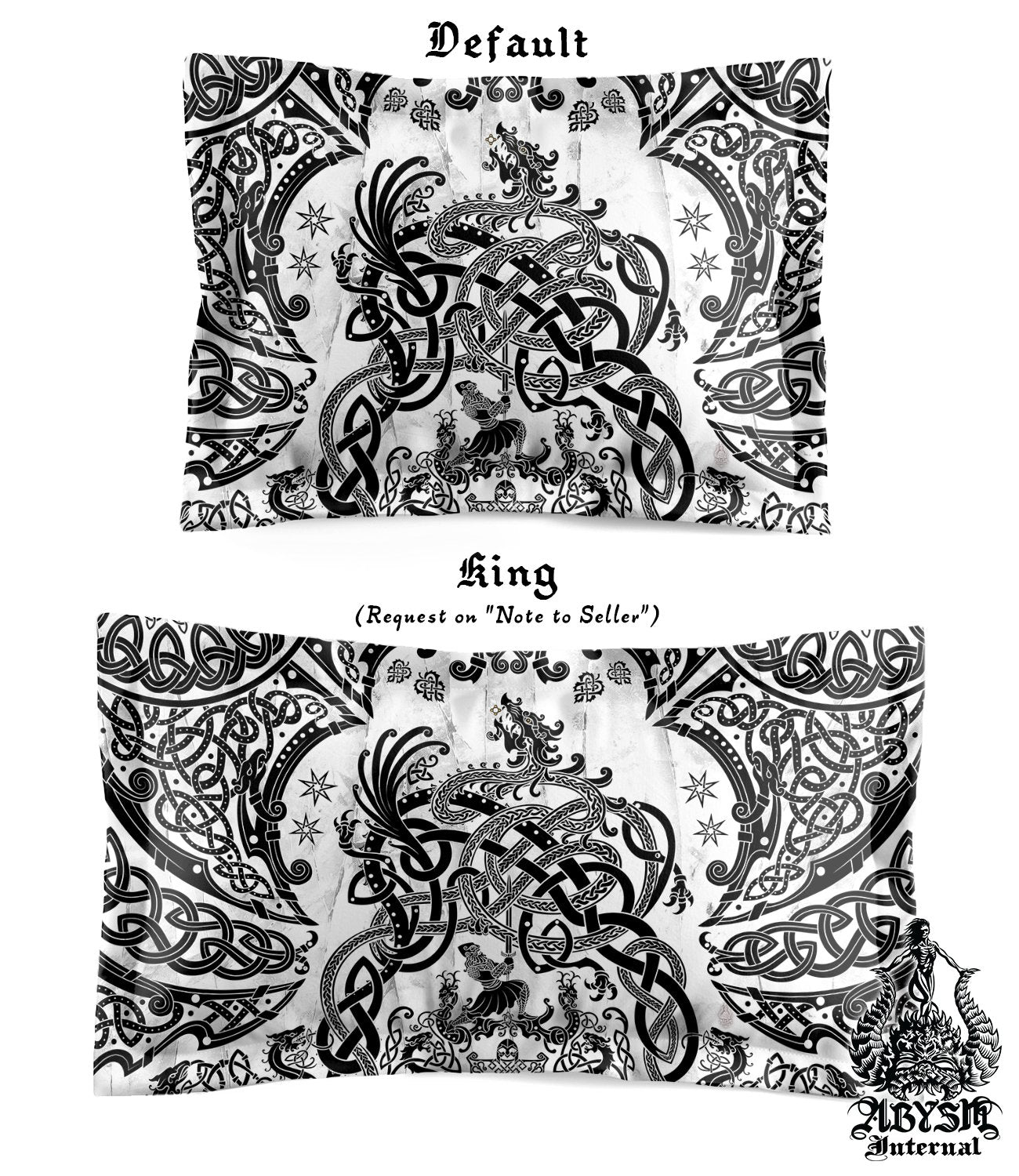 Viking Bedding Set, Comforter and Duvet, Norse Bed Cover and Bedroom Decor, Nordic Art, Sigurd kills Dragon Fafnir, King, Queen and Twin Size - Black & White - Abysm Internal