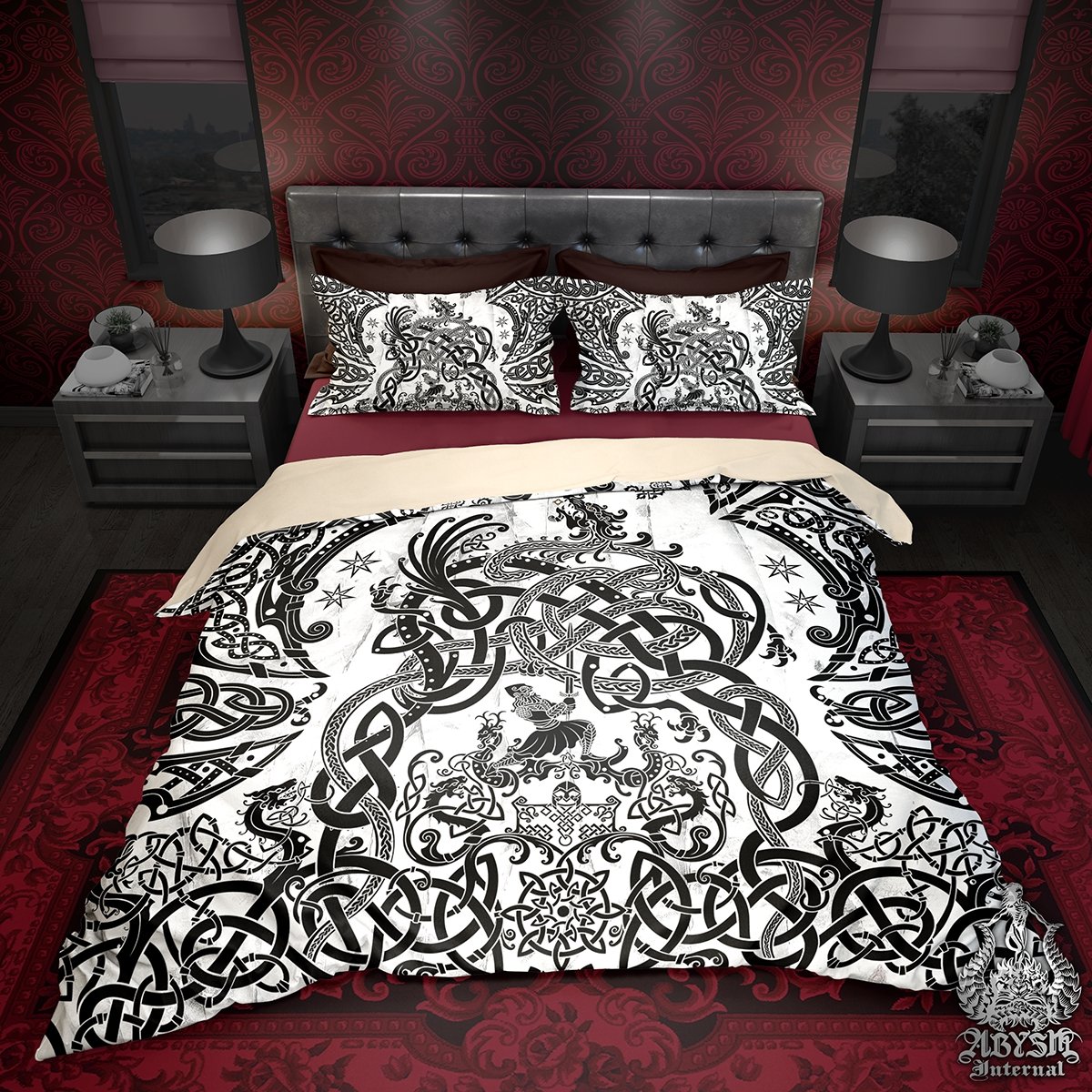 Viking Bedding Set, Comforter and Duvet, Norse Bed Cover and Bedroom Decor, Nordic Art, Sigurd kills Dragon Fafnir, King, Queen and Twin Size - Black & White - Abysm Internal