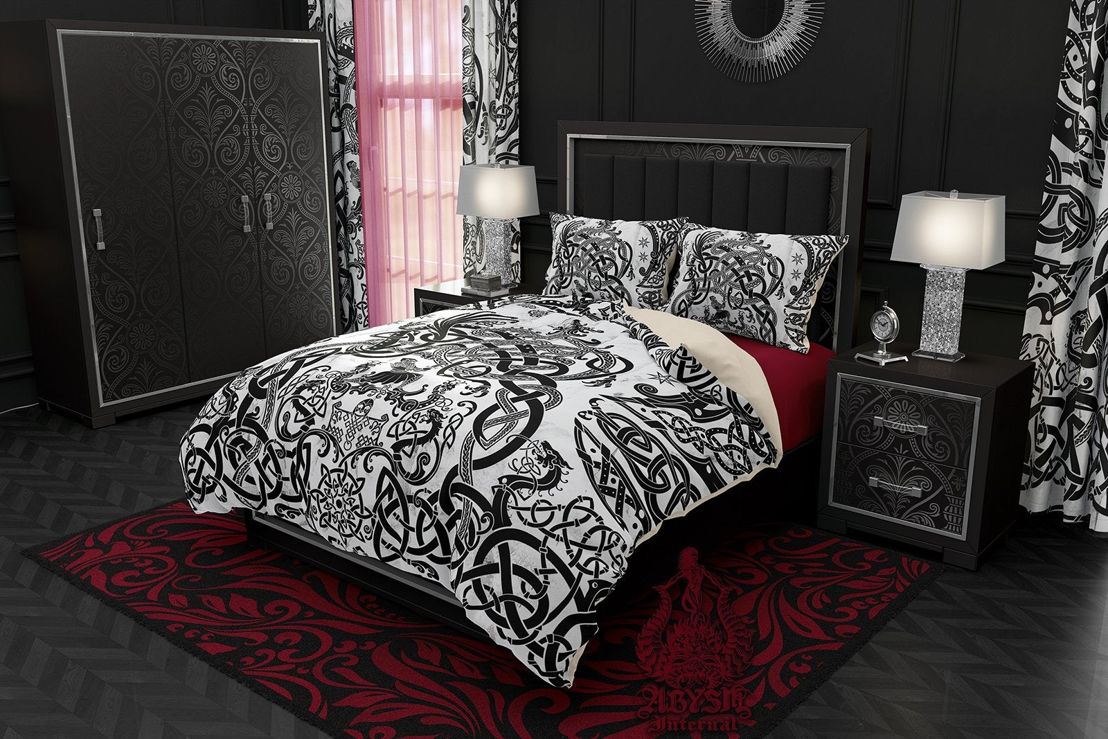 Viking Bedding Set, Comforter and Duvet, Norse Bed Cover and Bedroom Decor, Nordic Art, Sigurd kills Dragon Fafnir, King, Queen and Twin Size - Black & White - Abysm Internal