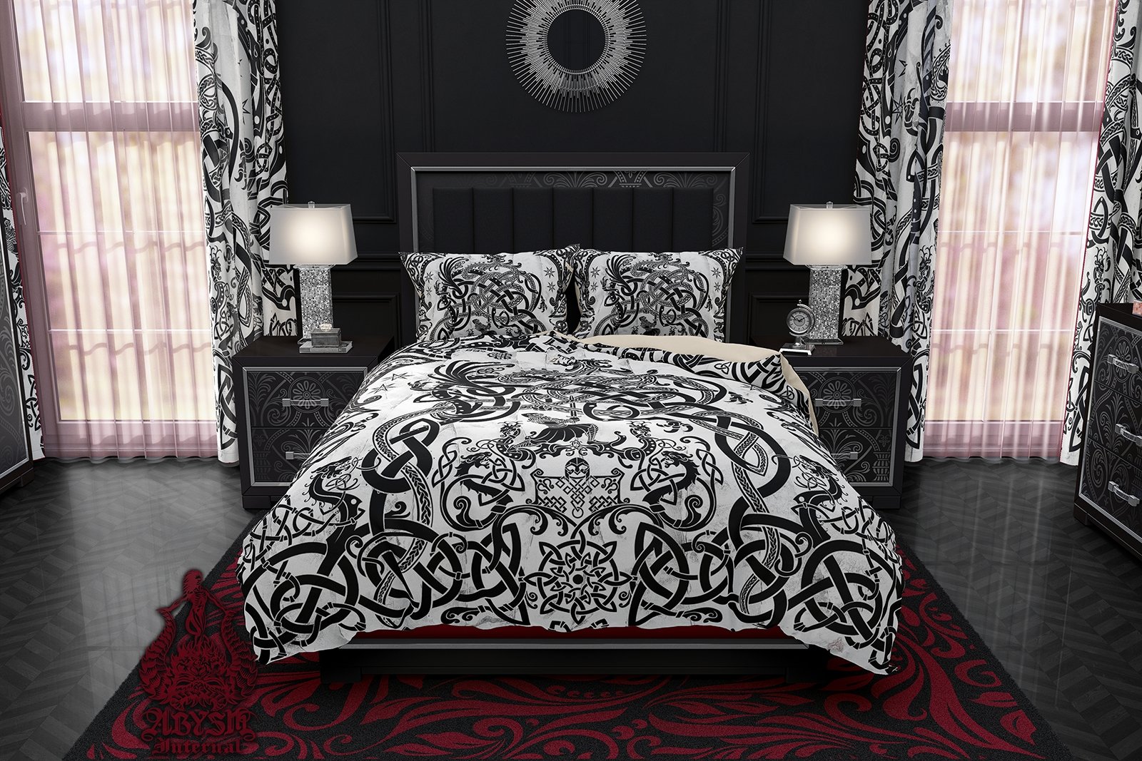 Viking Bedding Set, Comforter and Duvet, Norse Bed Cover and Bedroom Decor, Nordic Art, Sigurd kills Dragon Fafnir, King, Queen and Twin Size - Black & White - Abysm Internal