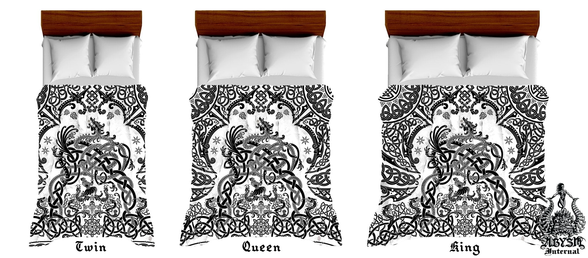 Viking Bedding Set, Comforter and Duvet, Norse Bed Cover and Bedroom Decor, Nordic Art, Sigurd kills Dragon Fafnir, King, Queen and Twin Size - Black & White - Abysm Internal