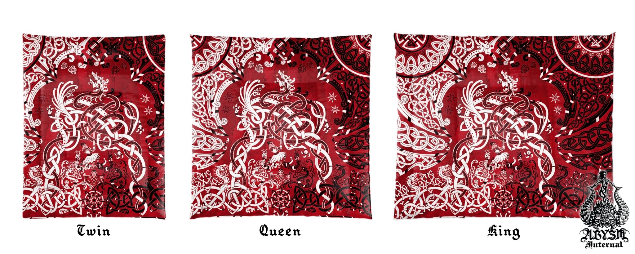 Viking Bedding Set, Comforter and Duvet, Norse Bed Cover and Bedroom Decor, Nordic Art, Sigurd kills Dragon Fafnir, King, Queen and Twin Size - Bloody Red - Abysm Internal