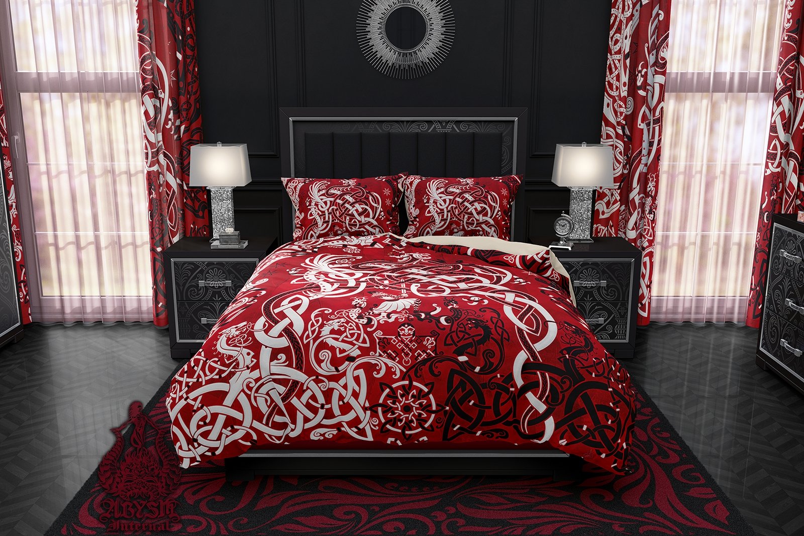 Viking Bedding Set, Comforter and Duvet, Norse Bed Cover and Bedroom Decor, Nordic Art, Sigurd kills Dragon Fafnir, King, Queen and Twin Size - Bloody Red - Abysm Internal